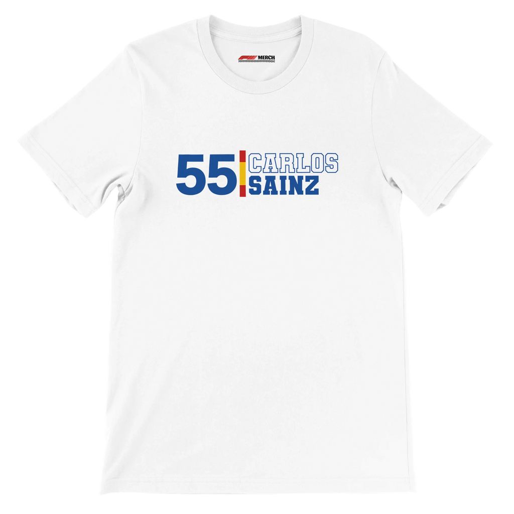 f111 merch white color t-shirt1 with carlos-sainz branding.