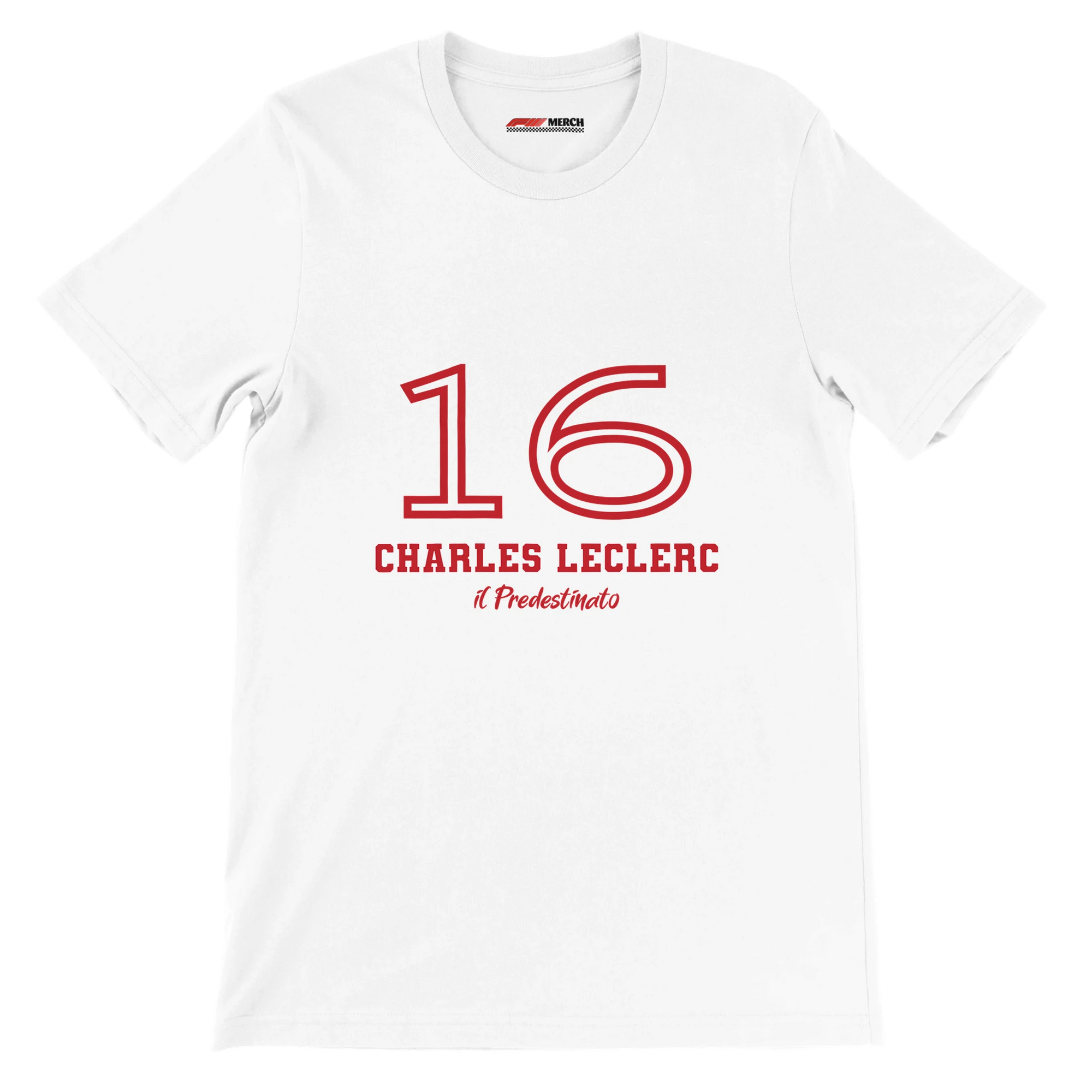 f111 merch white color t-shirt1 with charles-leclerc branding.