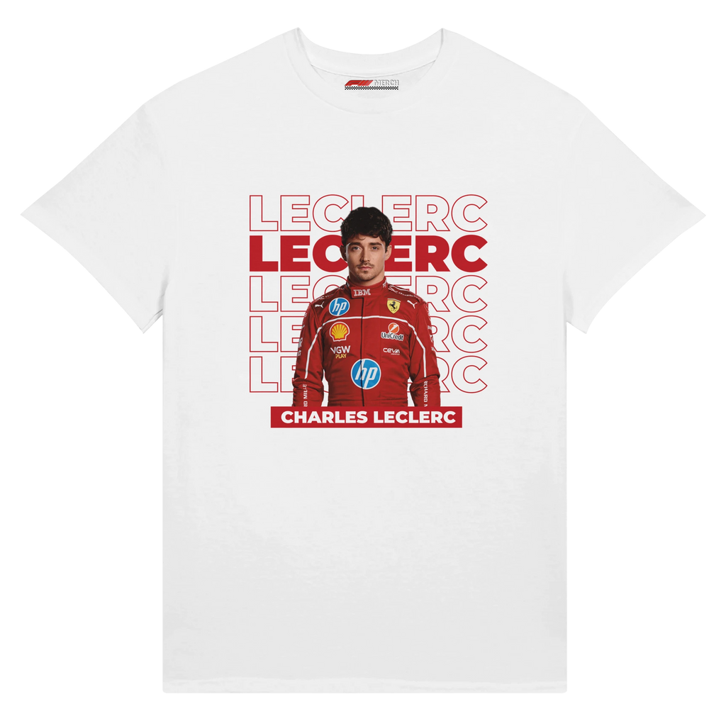 f111 merch white color t-shirt1 with charles-leclerc branding.