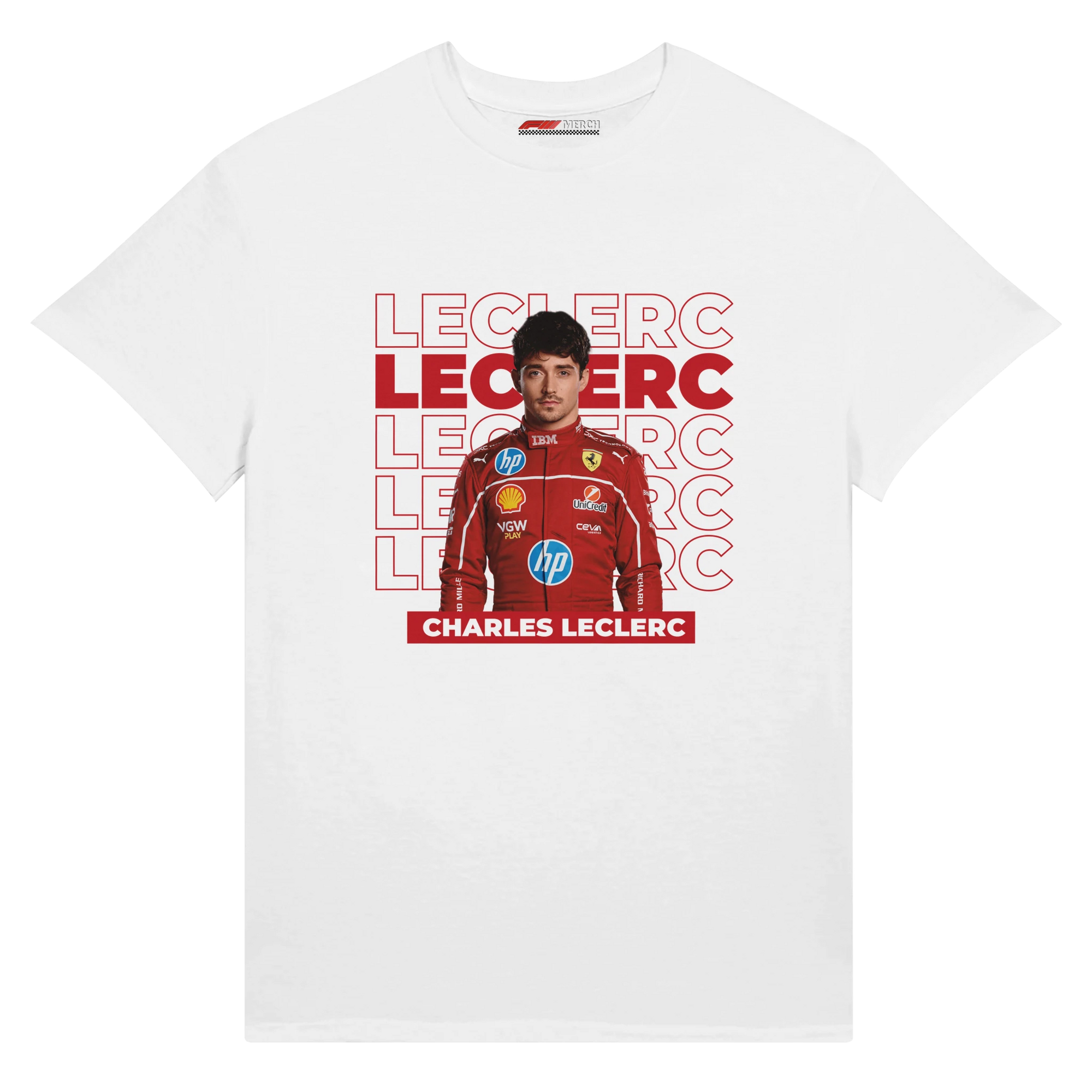 f111 merch white color t-shirt1 with charles-leclerc branding.