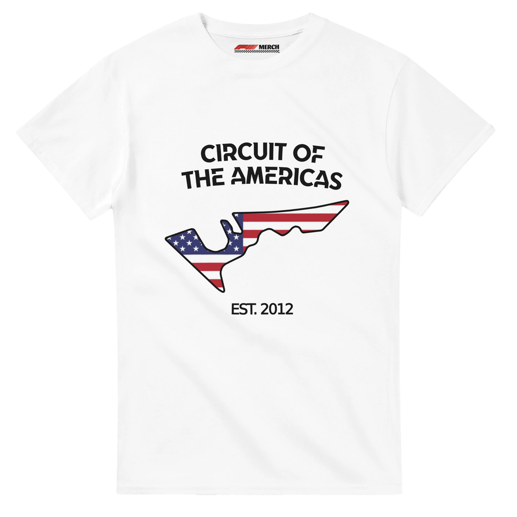 f111 merch white color t-shirt1 with circuit-of-the-americas branding.