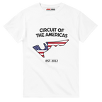 f111 merch white color t-shirt1 with circuit-of-the-americas branding.