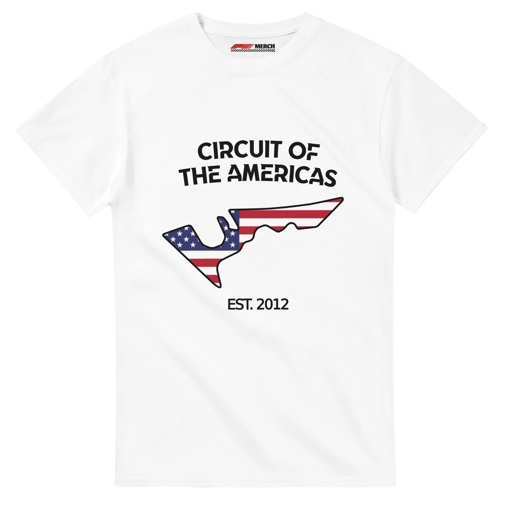 f111 merch white color t-shirt1 with circuit-of-the-americas branding.