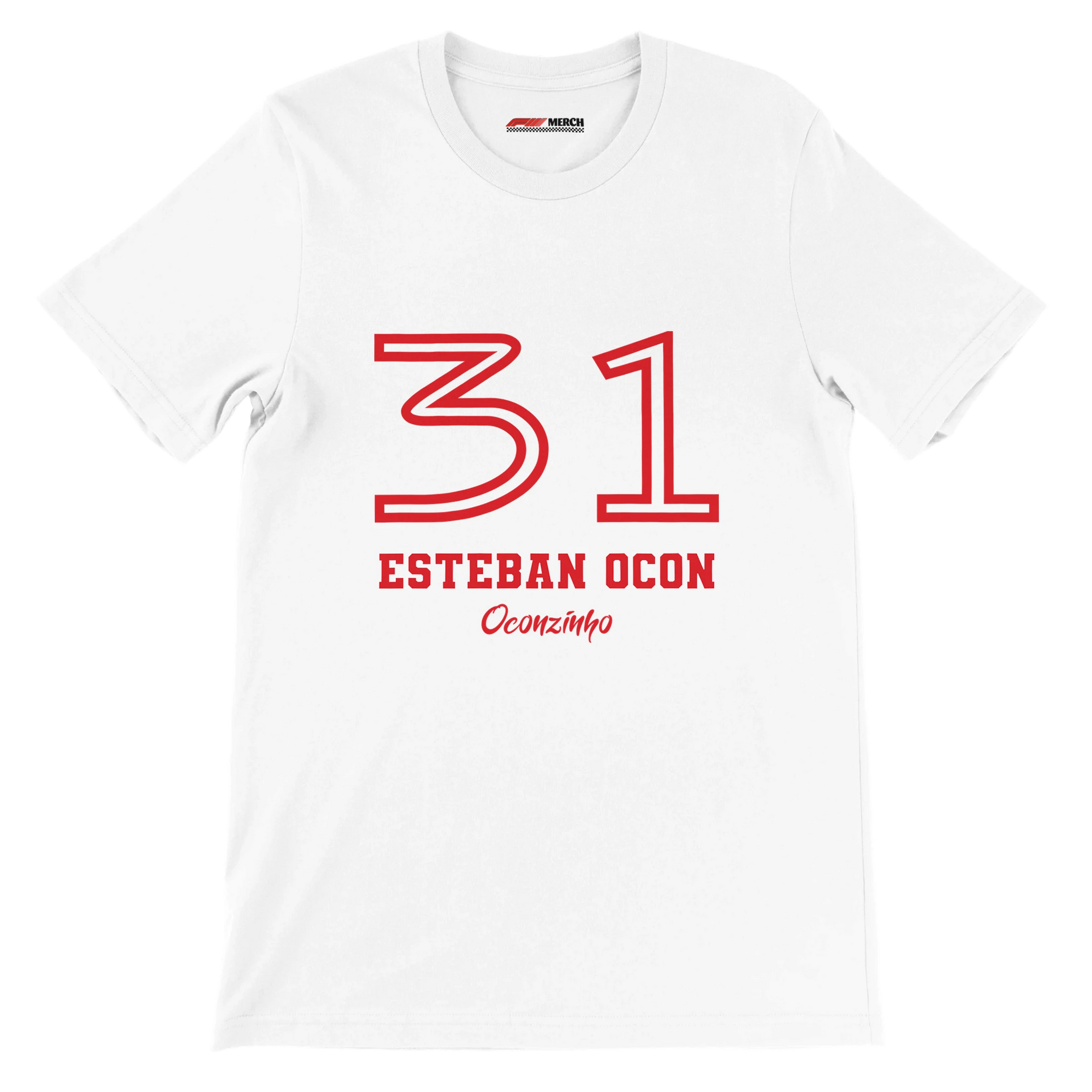 f111 merch white color t-shirt1 with esteban-ocon branding.