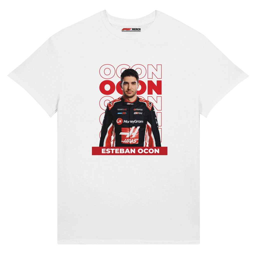 f111 merch white color t-shirt1 with esteban-ocon branding.