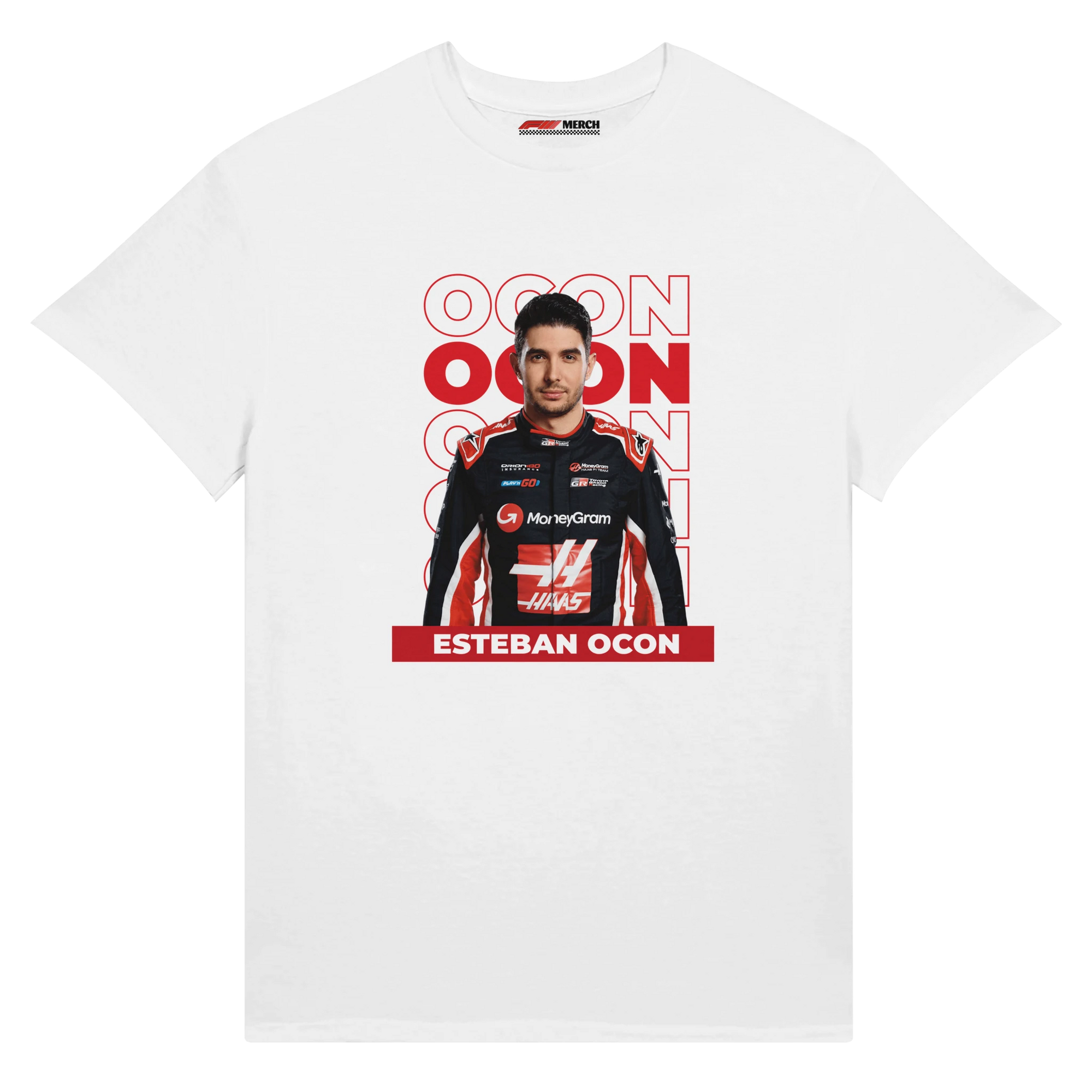 f111 merch white color t-shirt1 with esteban-ocon branding.