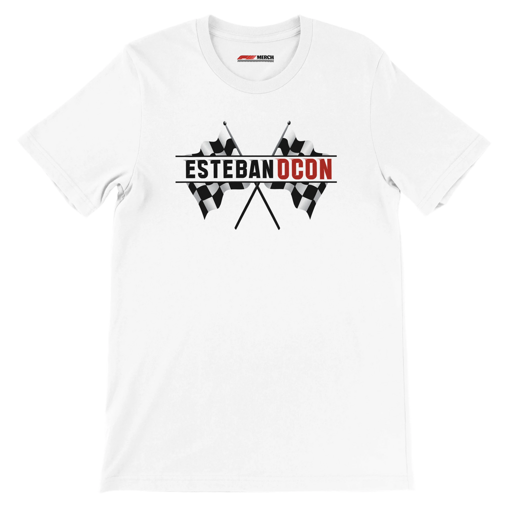f111 merch white color t-shirt1 with esteban-ocon branding.