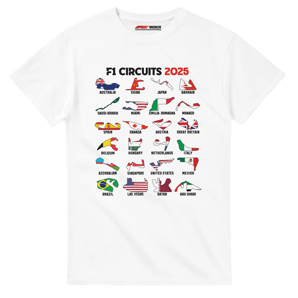 f111 merch white color t-shirt1 with f1-circuits-2025-v2 branding.