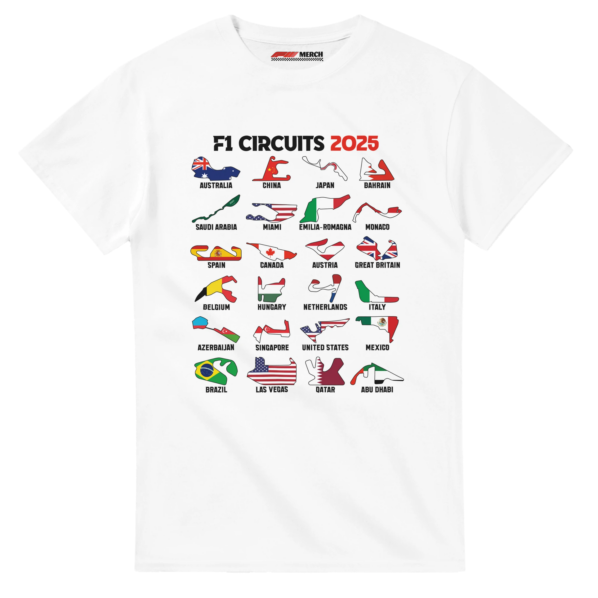 f111 merch white color t-shirt1 with f1-circuits-2025-v2 branding.