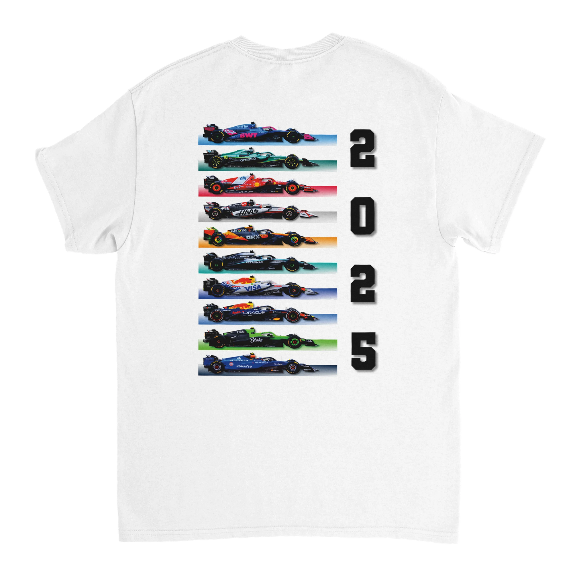 f111 merch white color t-shirt1 with f1-teams-2025 branding.
