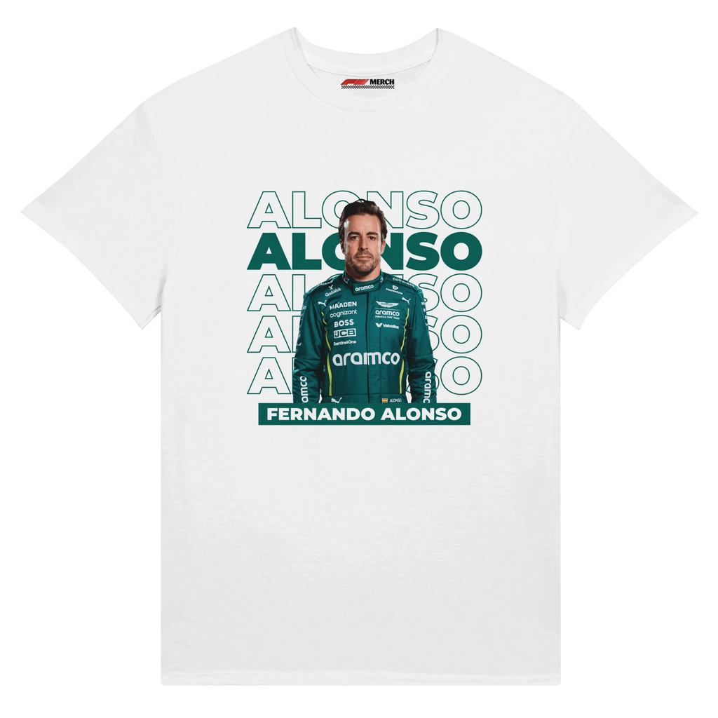 f111 merch white color t-shirt1 with fernando-alonso branding.