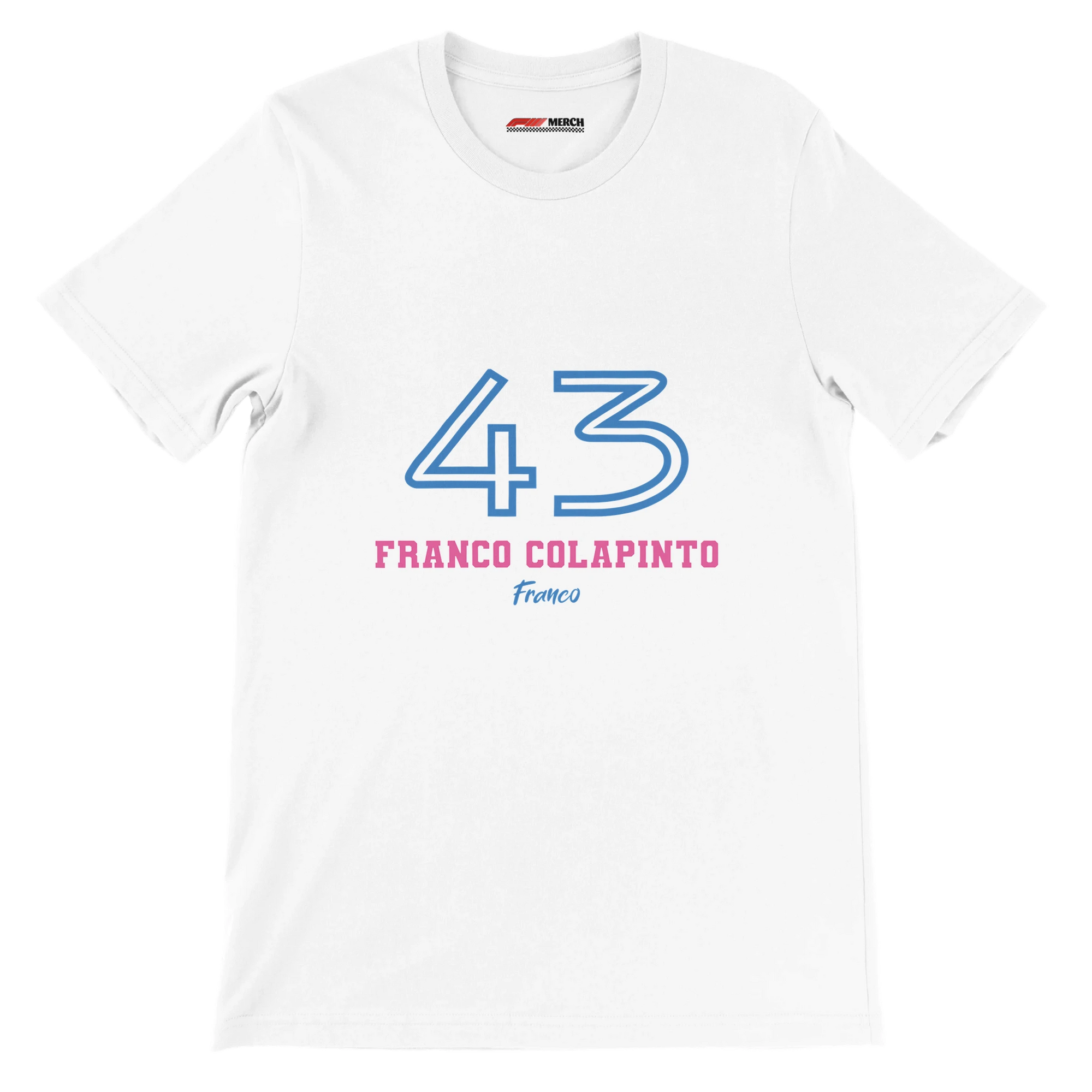 f111 merch white color t-shirt1 with franco-colapinto branding.