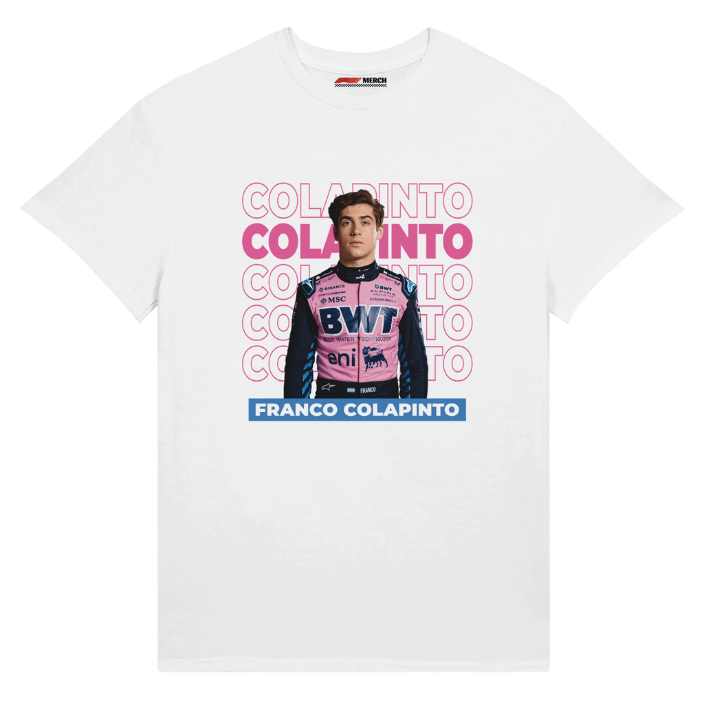 f111 merch white color t-shirt1 with franco-colapinto branding.