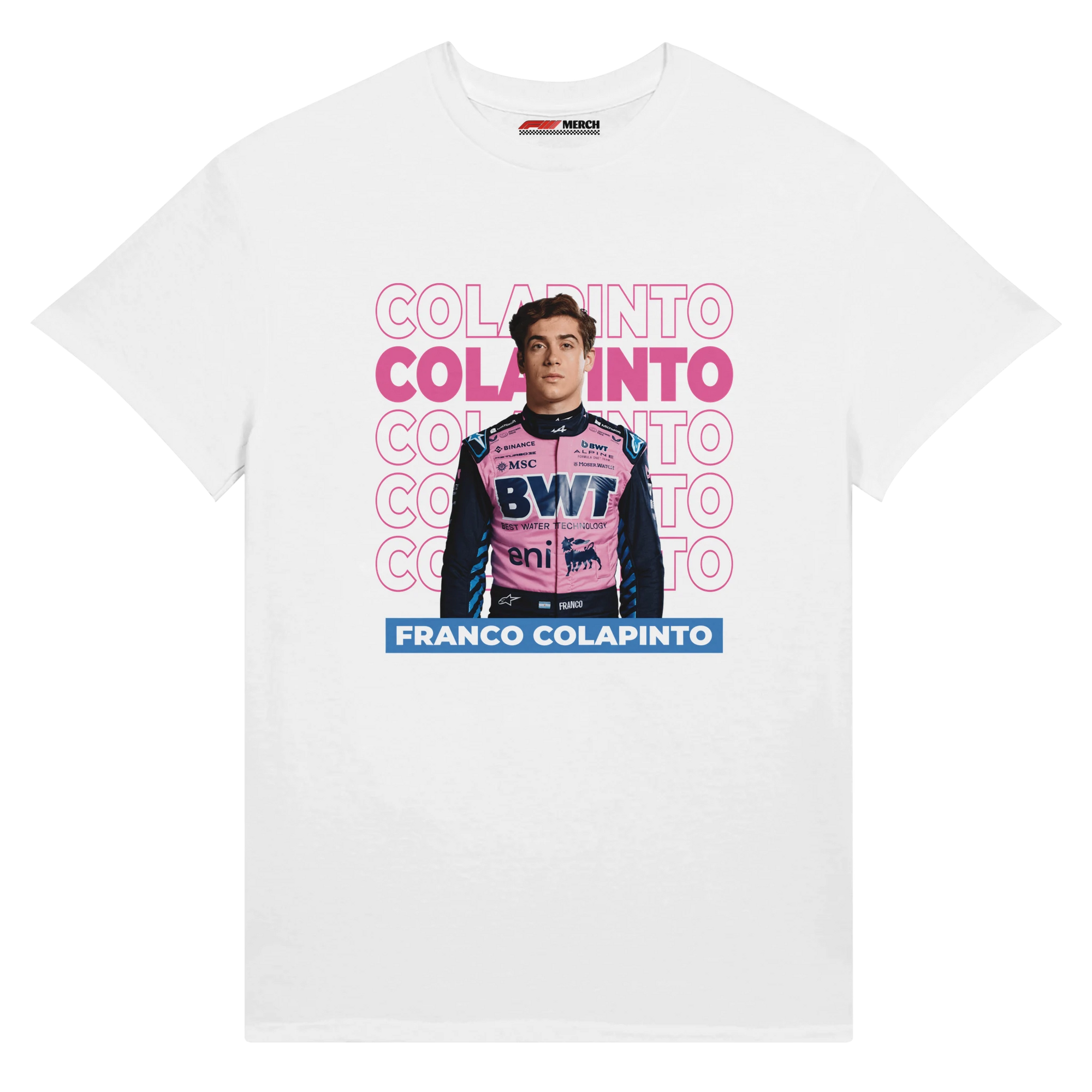f111 merch white color t-shirt1 with franco-colapinto branding.