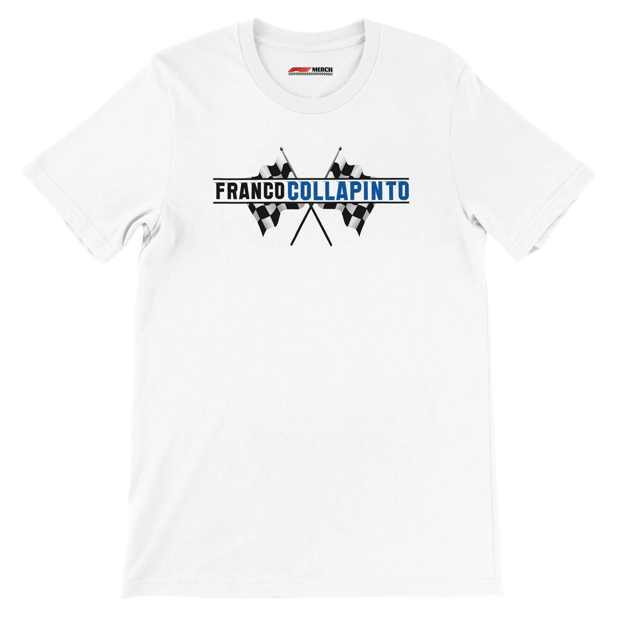 f111 merch white color t-shirt1 with franco-colapinto branding.