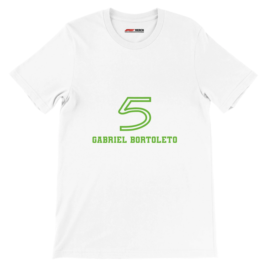 f111 merch white color t-shirt1 with gabriel-bortoleto branding.