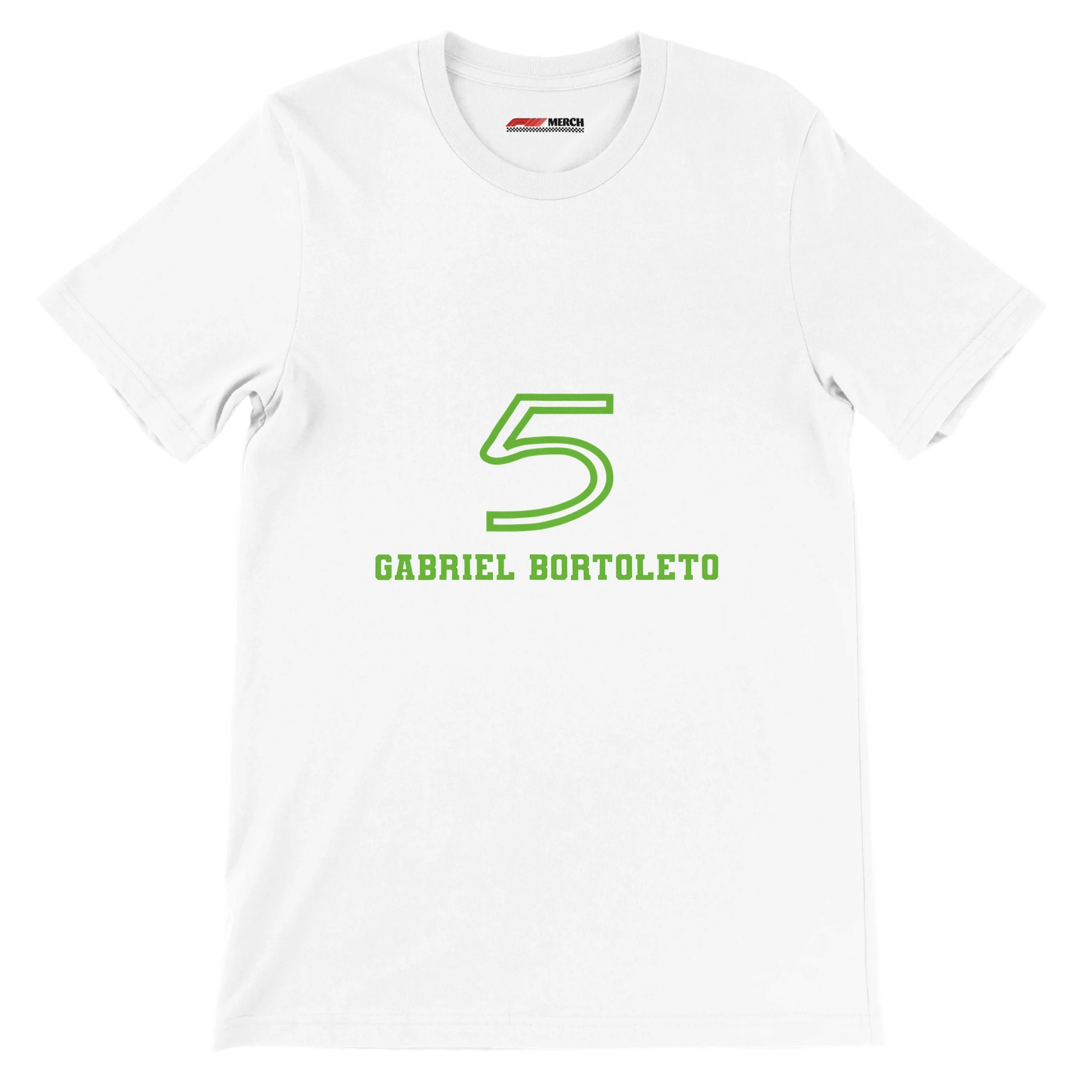 f111 merch white color t-shirt1 with gabriel-bortoleto branding.