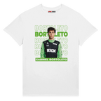 f111 merch white color t-shirt1 with gabriel-bortoleto branding.