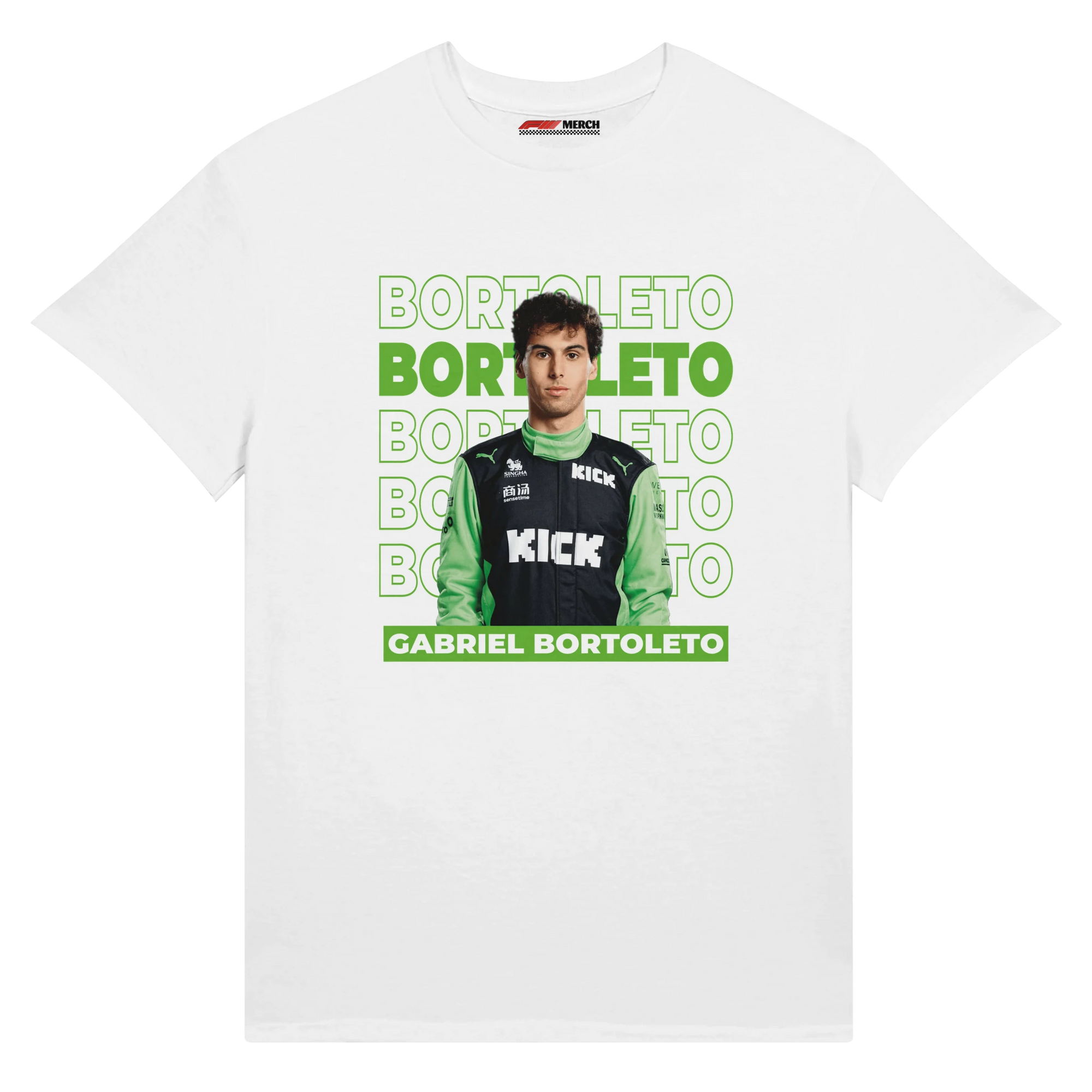 f111 merch white color t-shirt1 with gabriel-bortoleto branding.