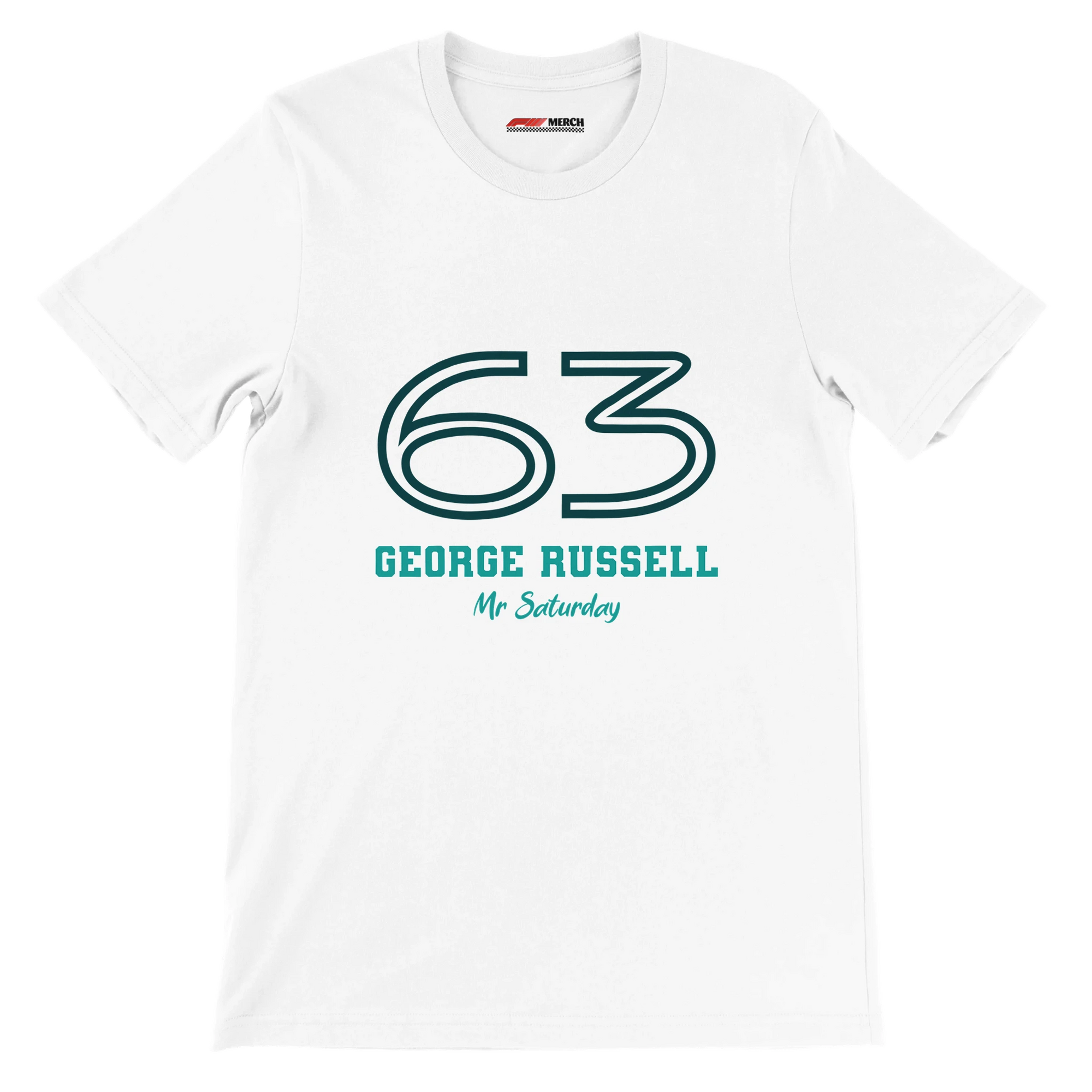 f111 merch white color t-shirt1 with george-russell branding.