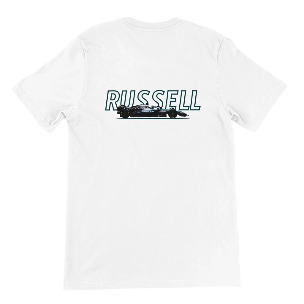 f111 merch white color t-shirt1 with george-russell branding.
