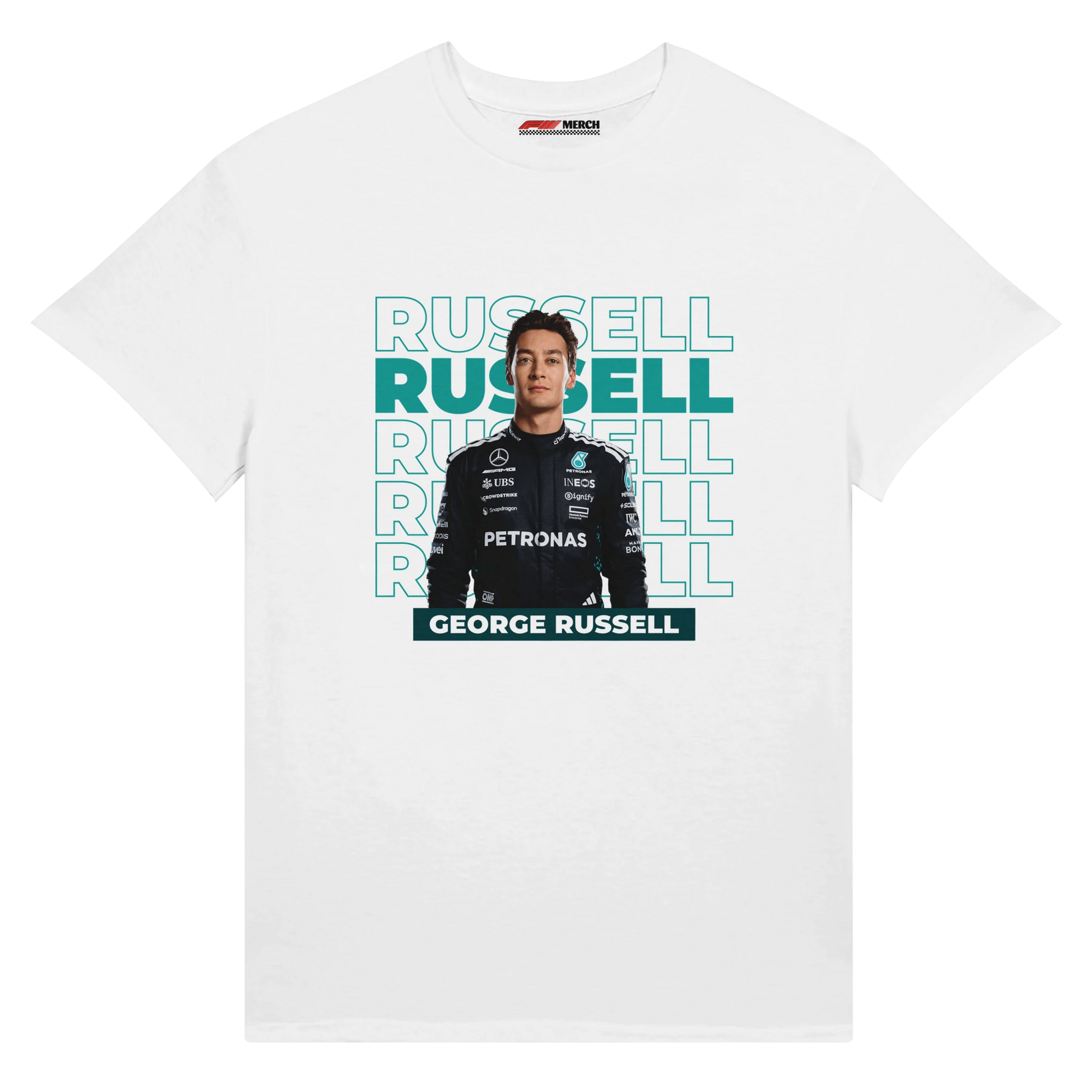 f111 merch white color t-shirt1 with george-russell branding.