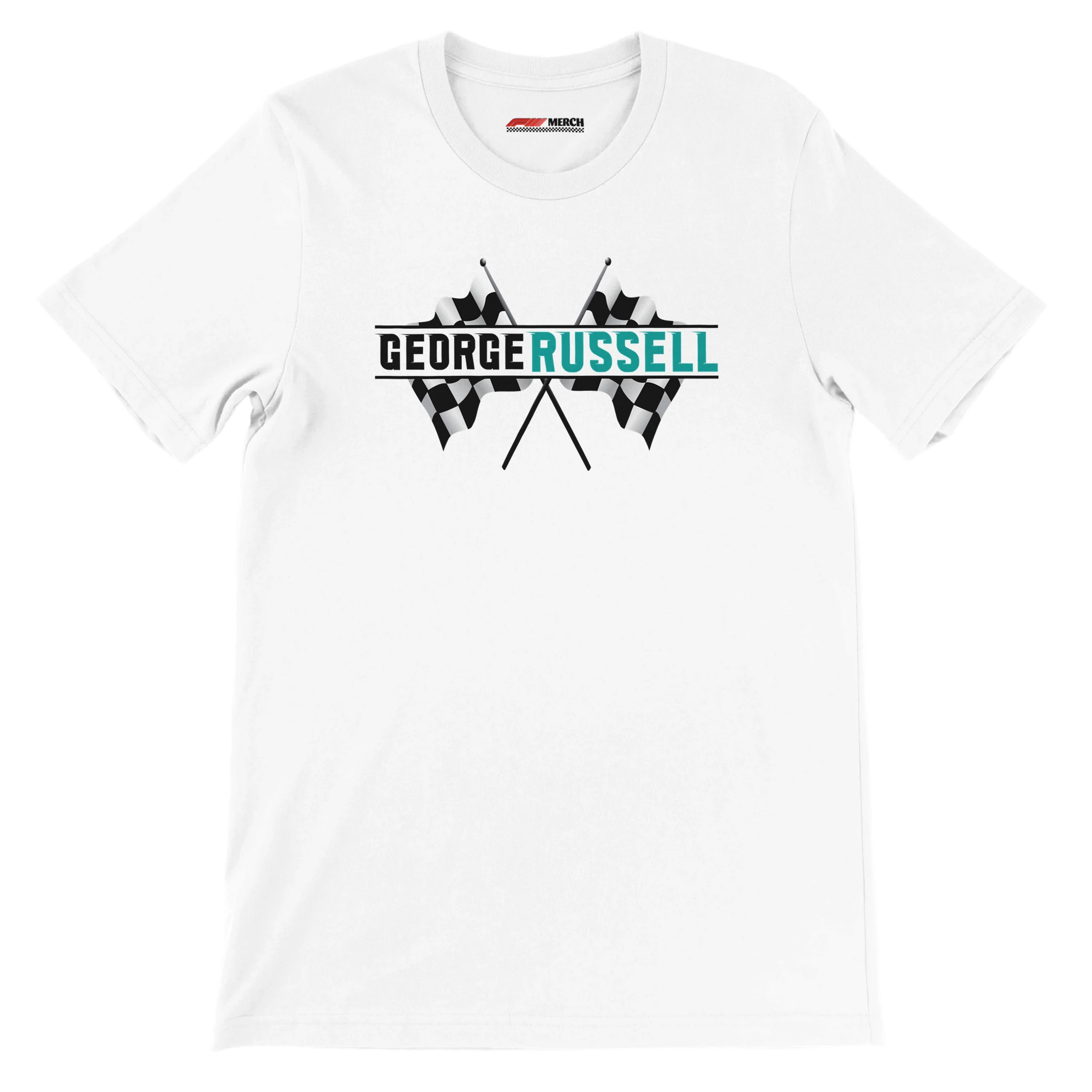 f111 merch white color t-shirt1 with george-russell branding.