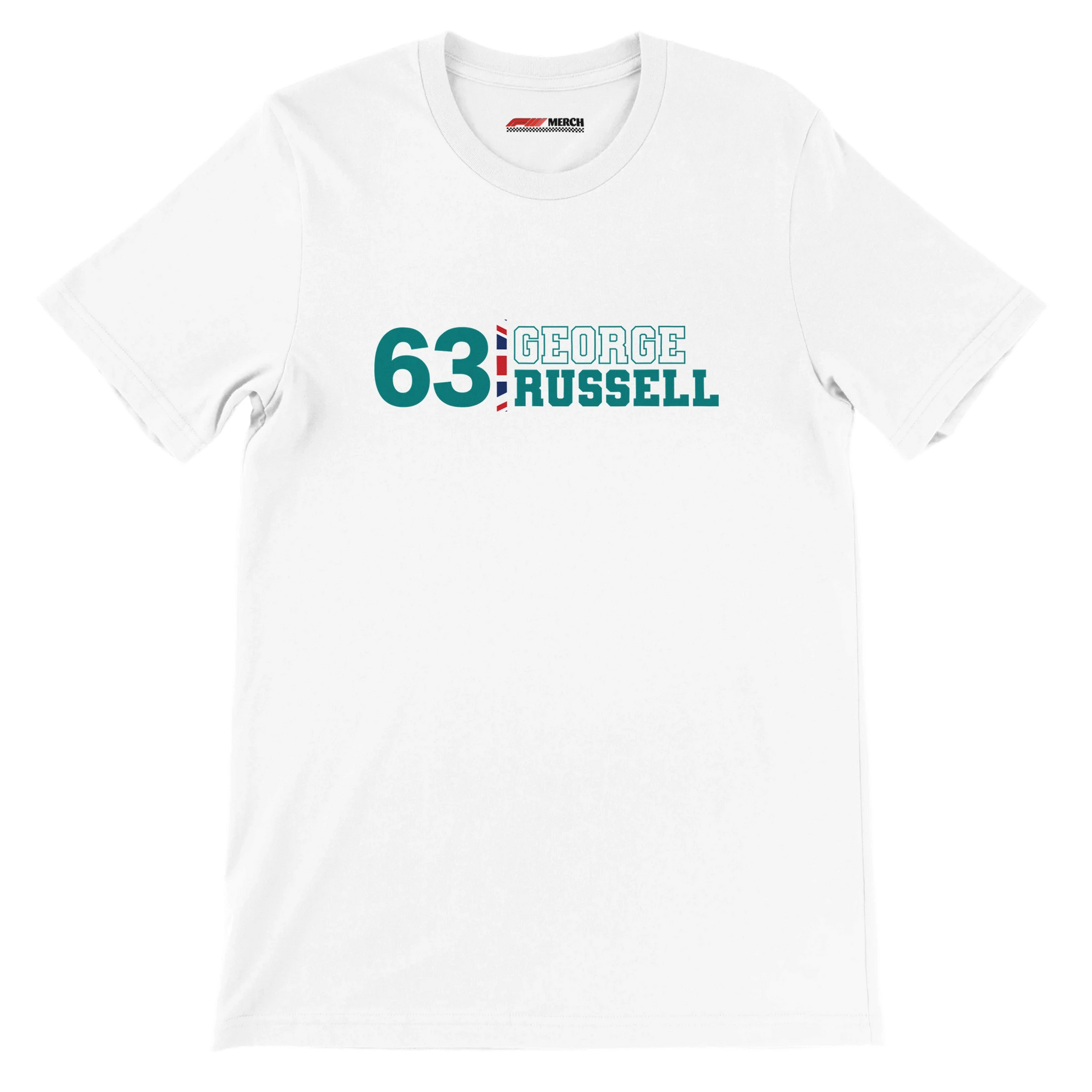 f111 merch white color t-shirt1 with george-russell branding.