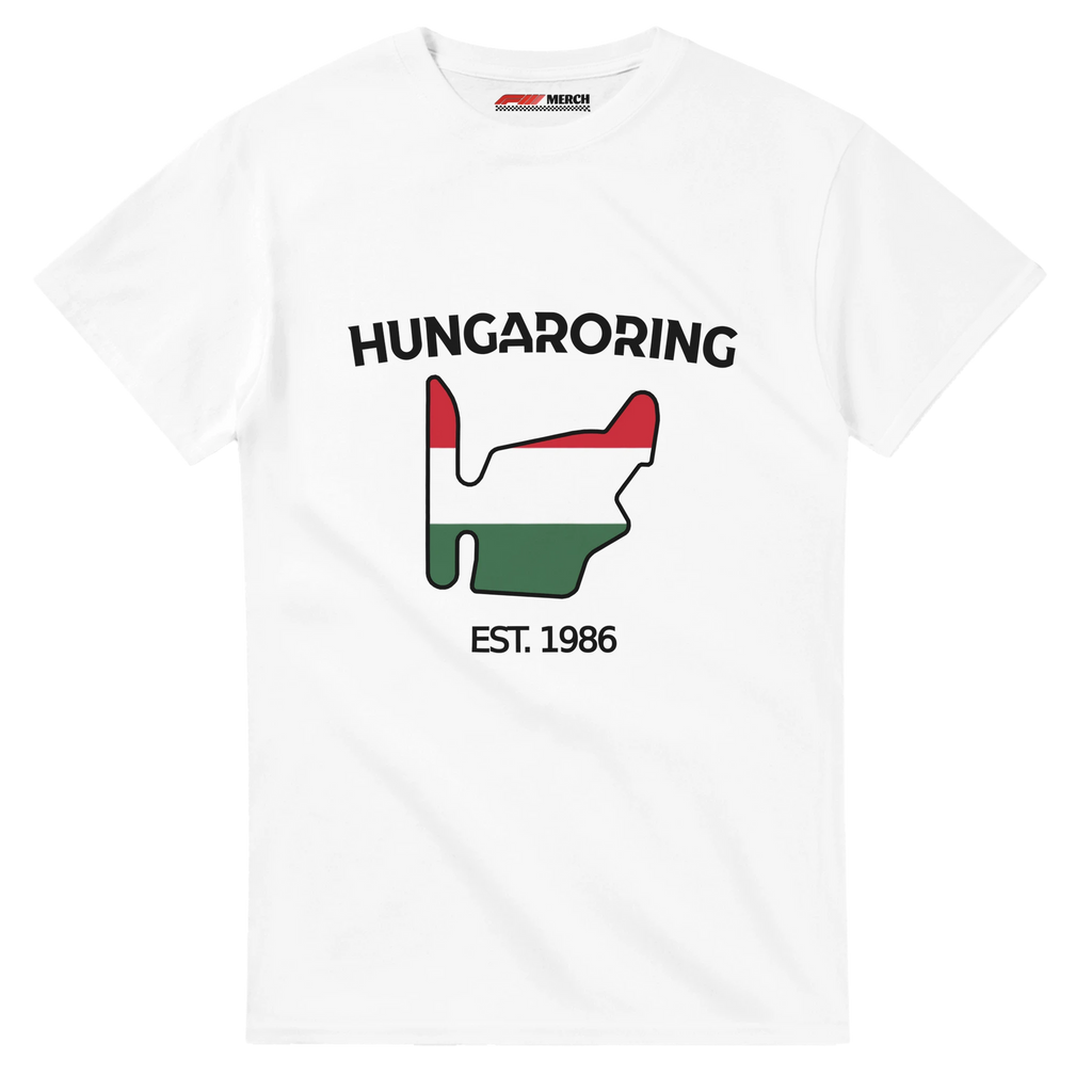 f111 merch white color t-shirt1 with hungaroring branding.