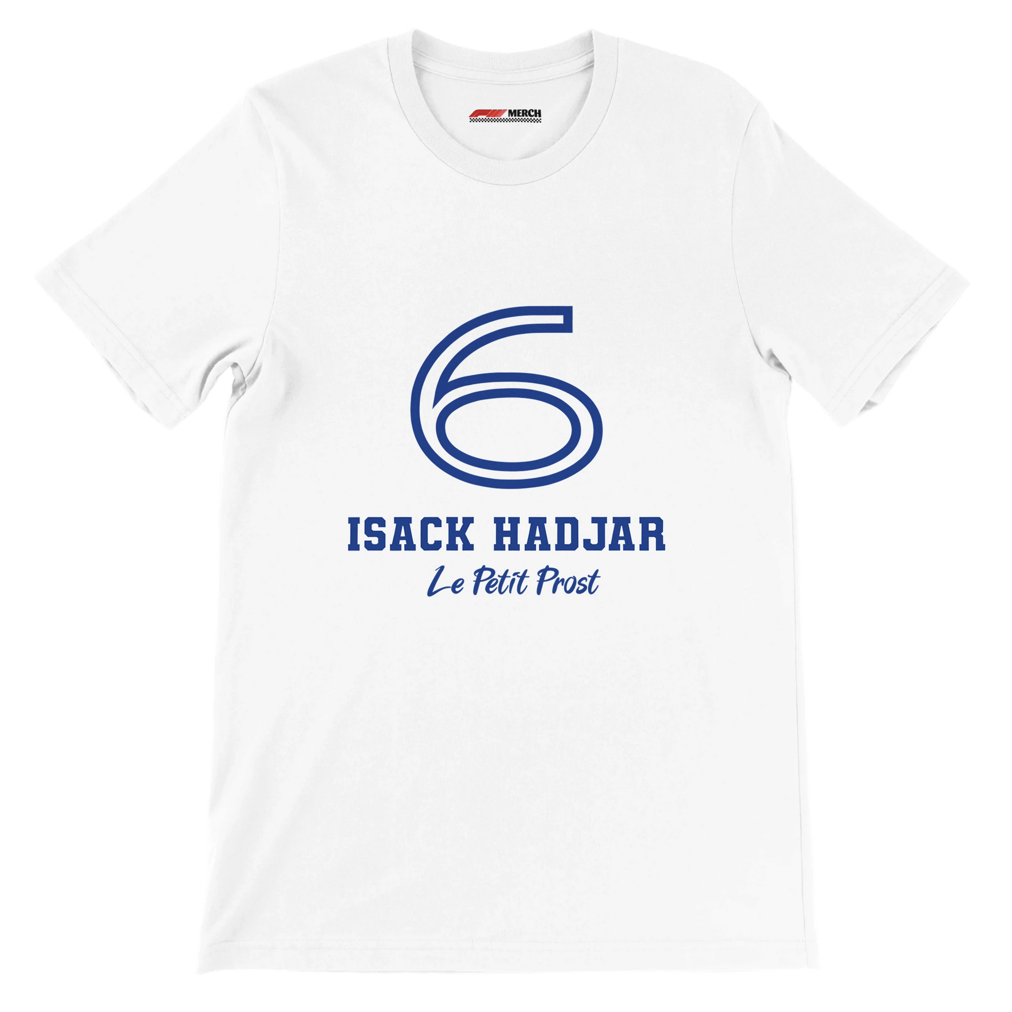 f111 merch white color t-shirt1 with isack-hadjar branding.