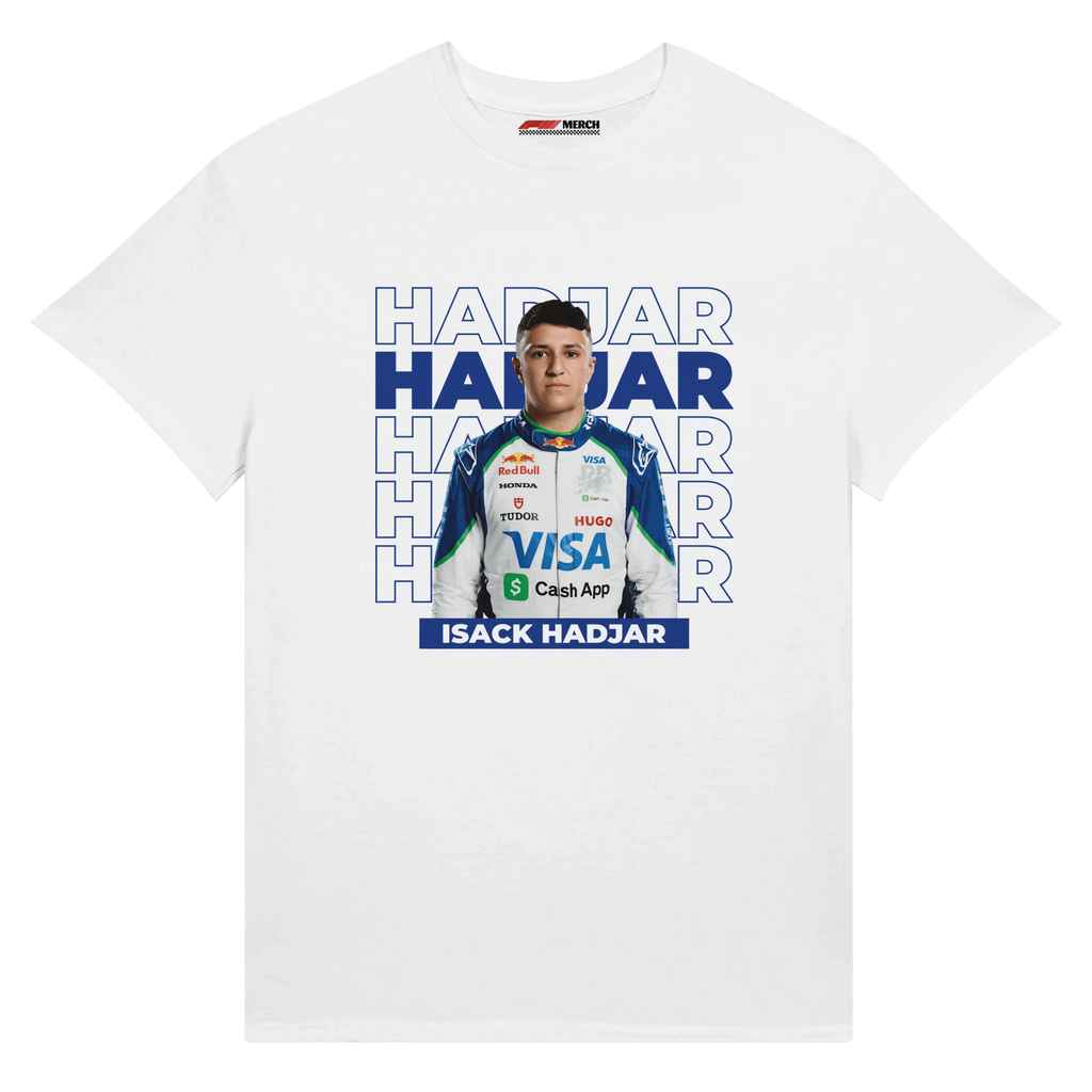 f111 merch white color t-shirt1 with isack-hadjar branding.