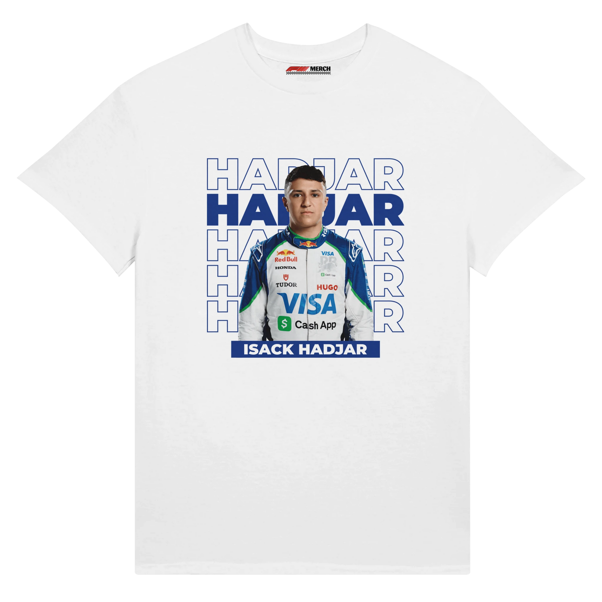 f111 merch white color t-shirt1 with isack-hadjar branding.