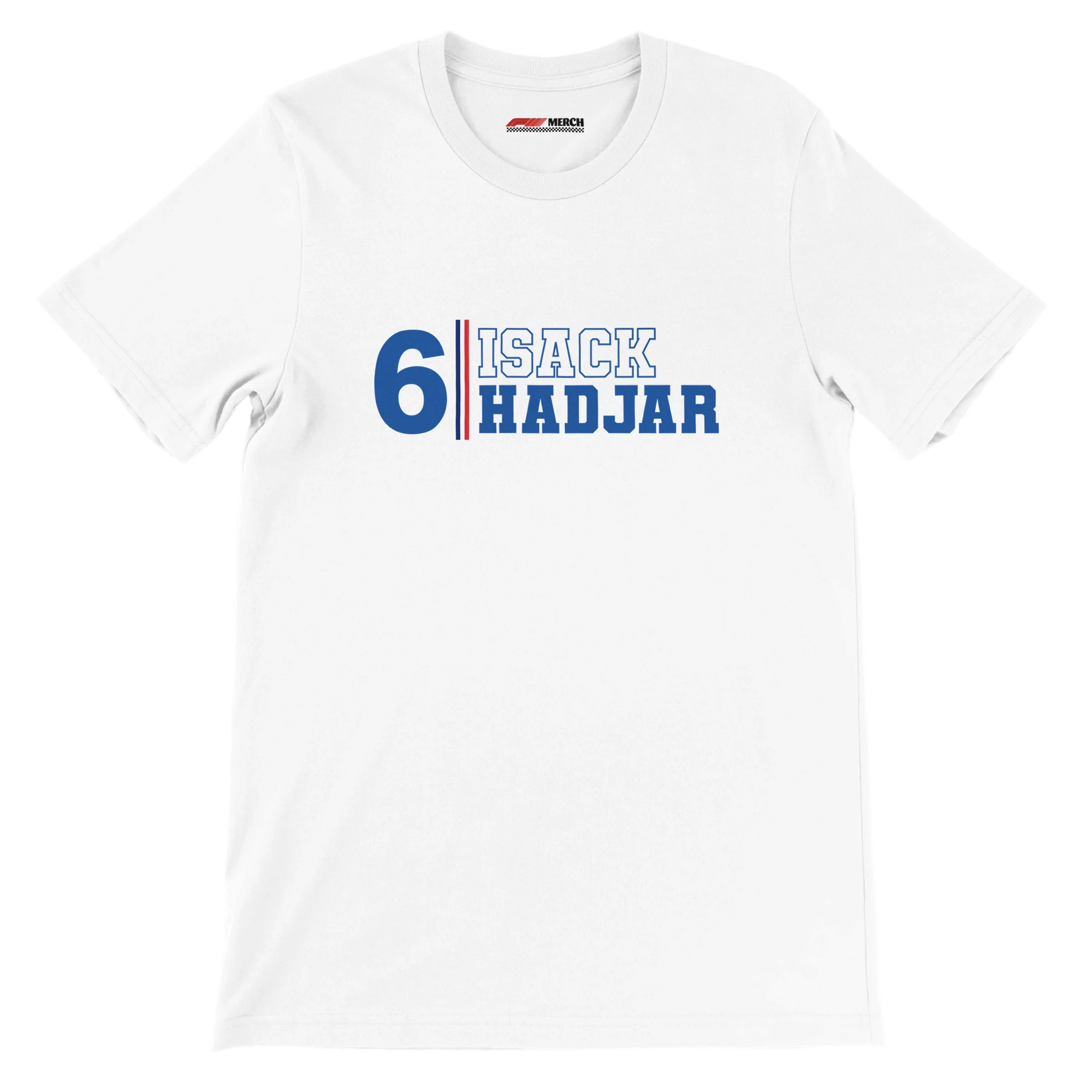 f111 merch white color t-shirt1 with isack-hadjar branding.