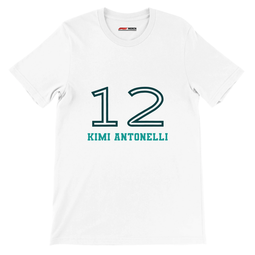 f111 merch white color t-shirt1 with kimi-antonelli branding.