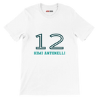 f111 merch white color t-shirt1 with kimi-antonelli branding.
