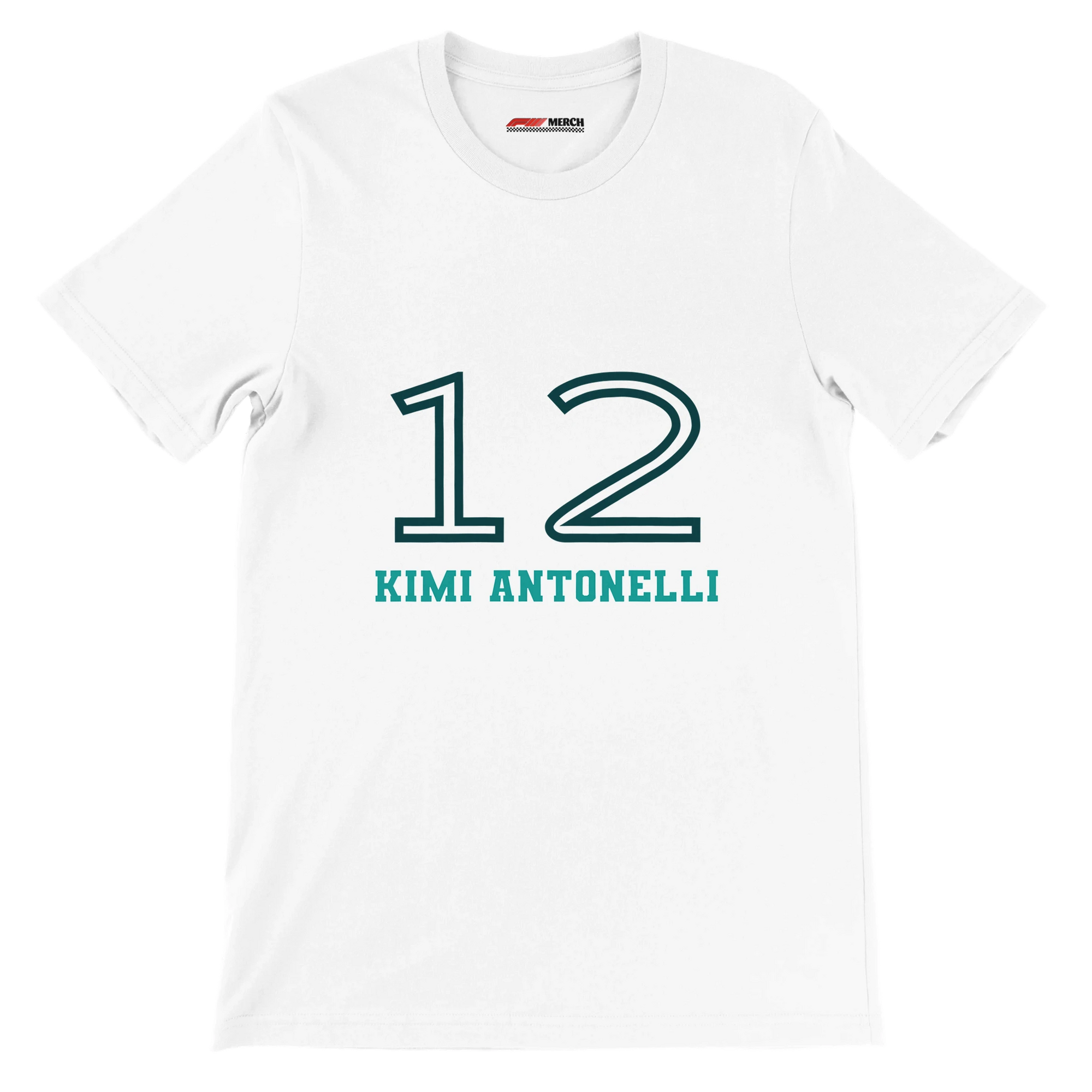 f111 merch white color t-shirt1 with kimi-antonelli branding.