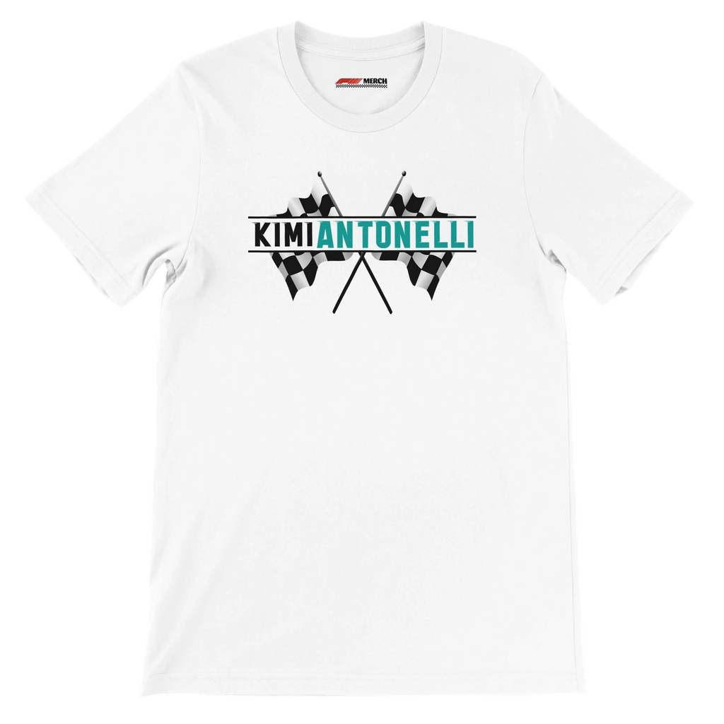 f111 merch white color t-shirt1 with kimi-antonelli branding.
