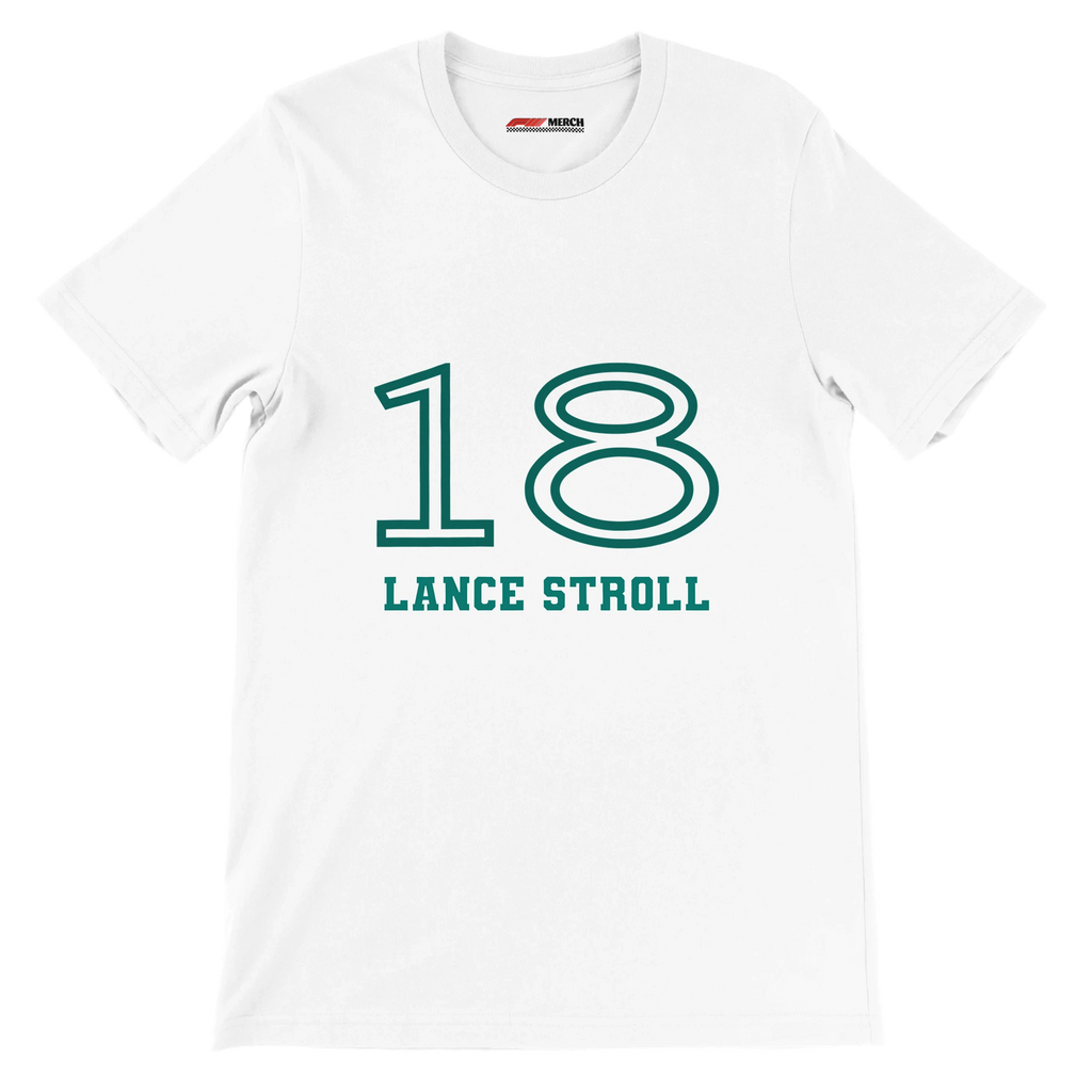 f111 merch white color t-shirt1 with lance-stroll branding.