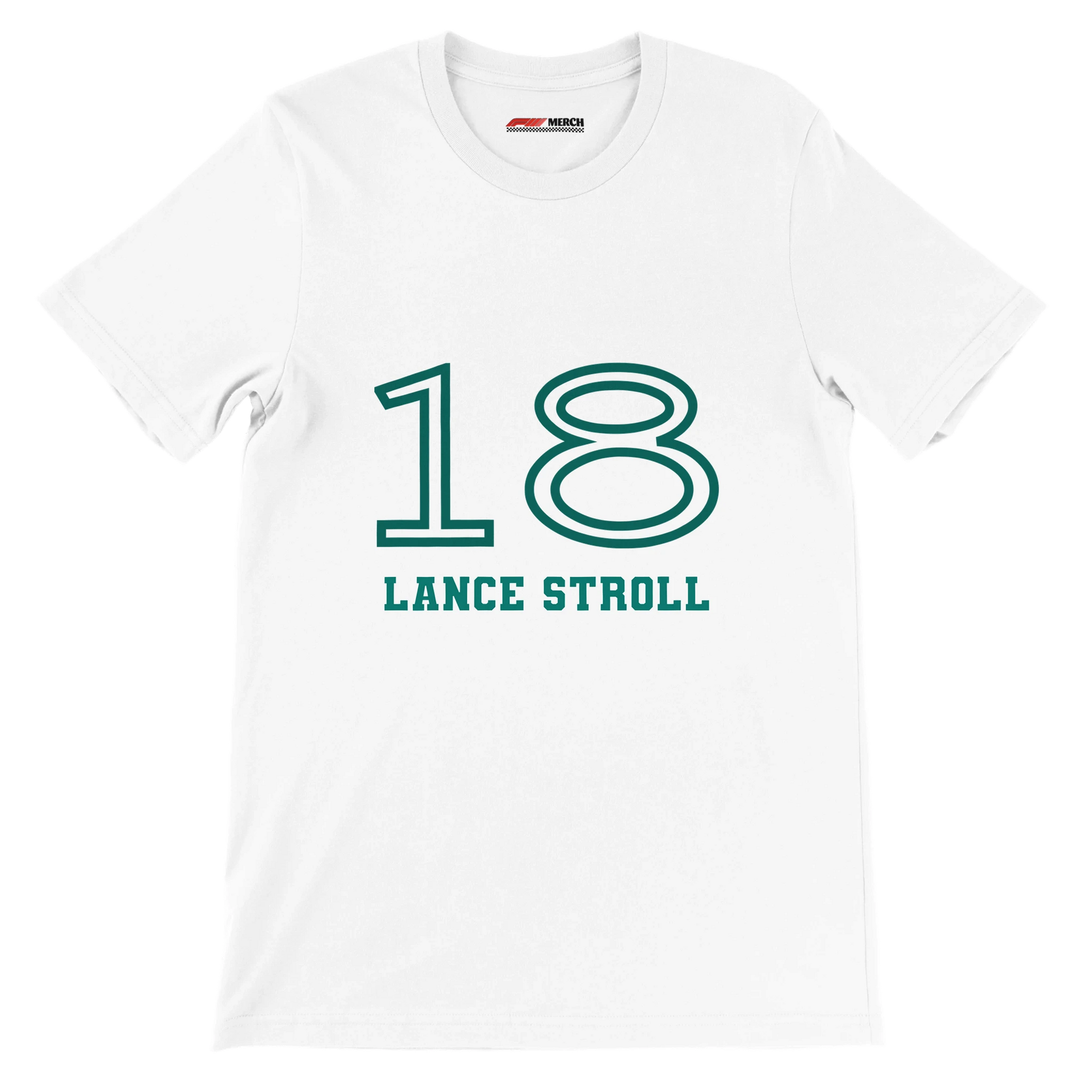 f111 merch white color t-shirt1 with lance-stroll branding.