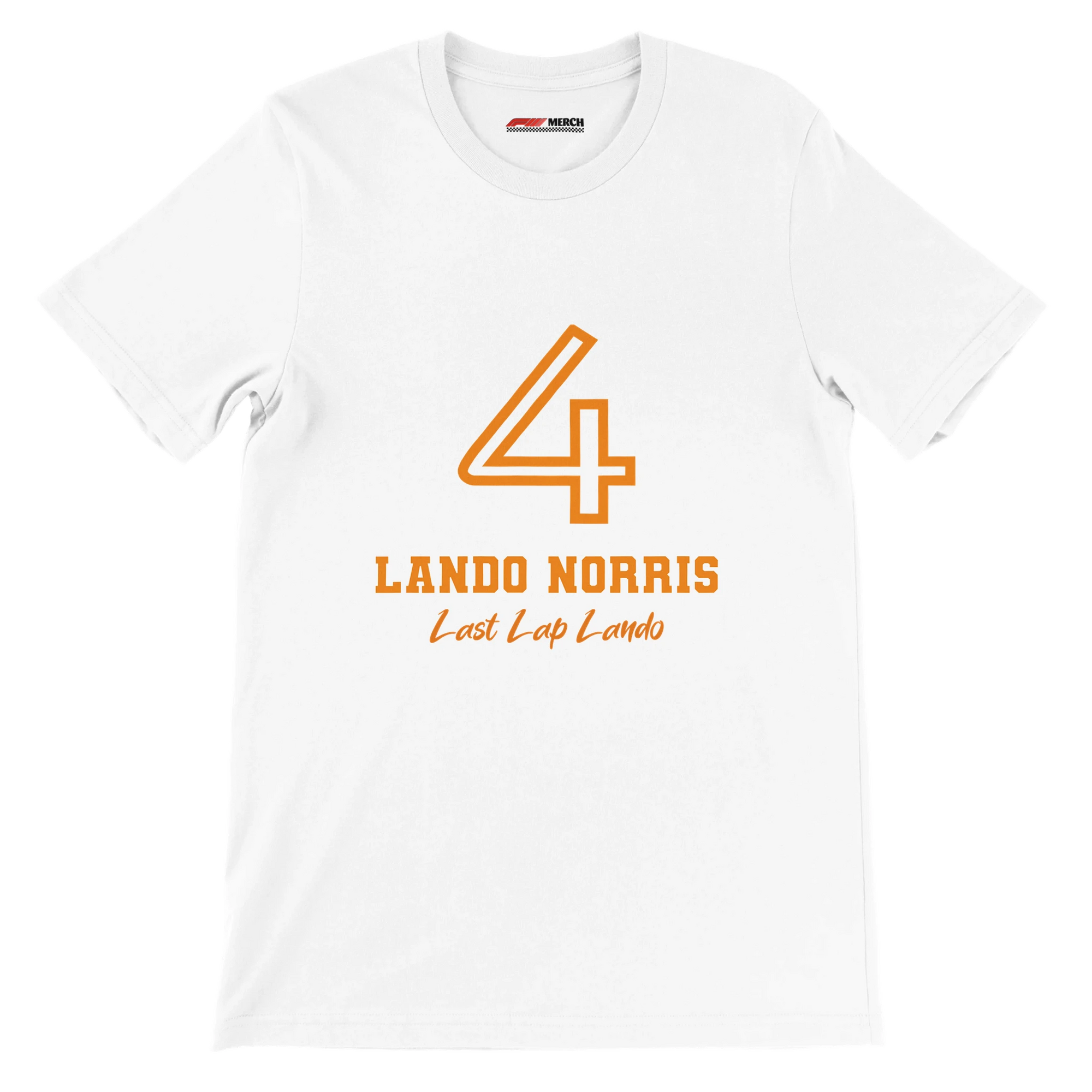 f111 merch white color t-shirt1 with lando-norris branding.