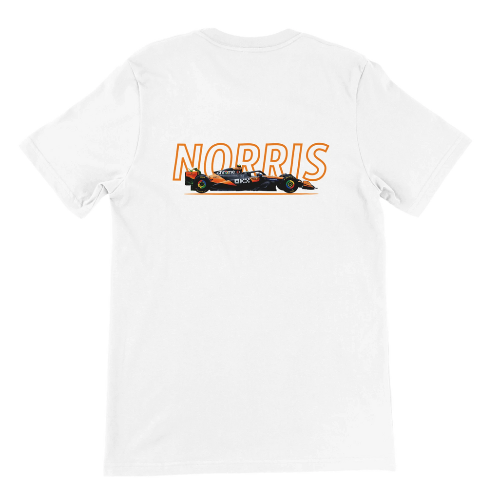 f111 merch white color t-shirt1 with lando-norris branding.