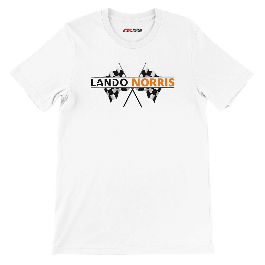 f111 merch white color t-shirt1 with lando-norris branding.