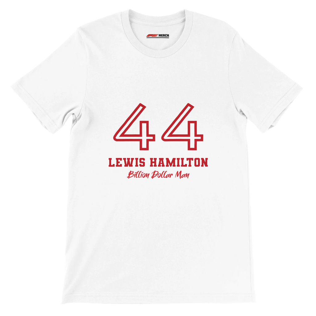 f111 merch white color t-shirt1 with lewis-hamilton branding.