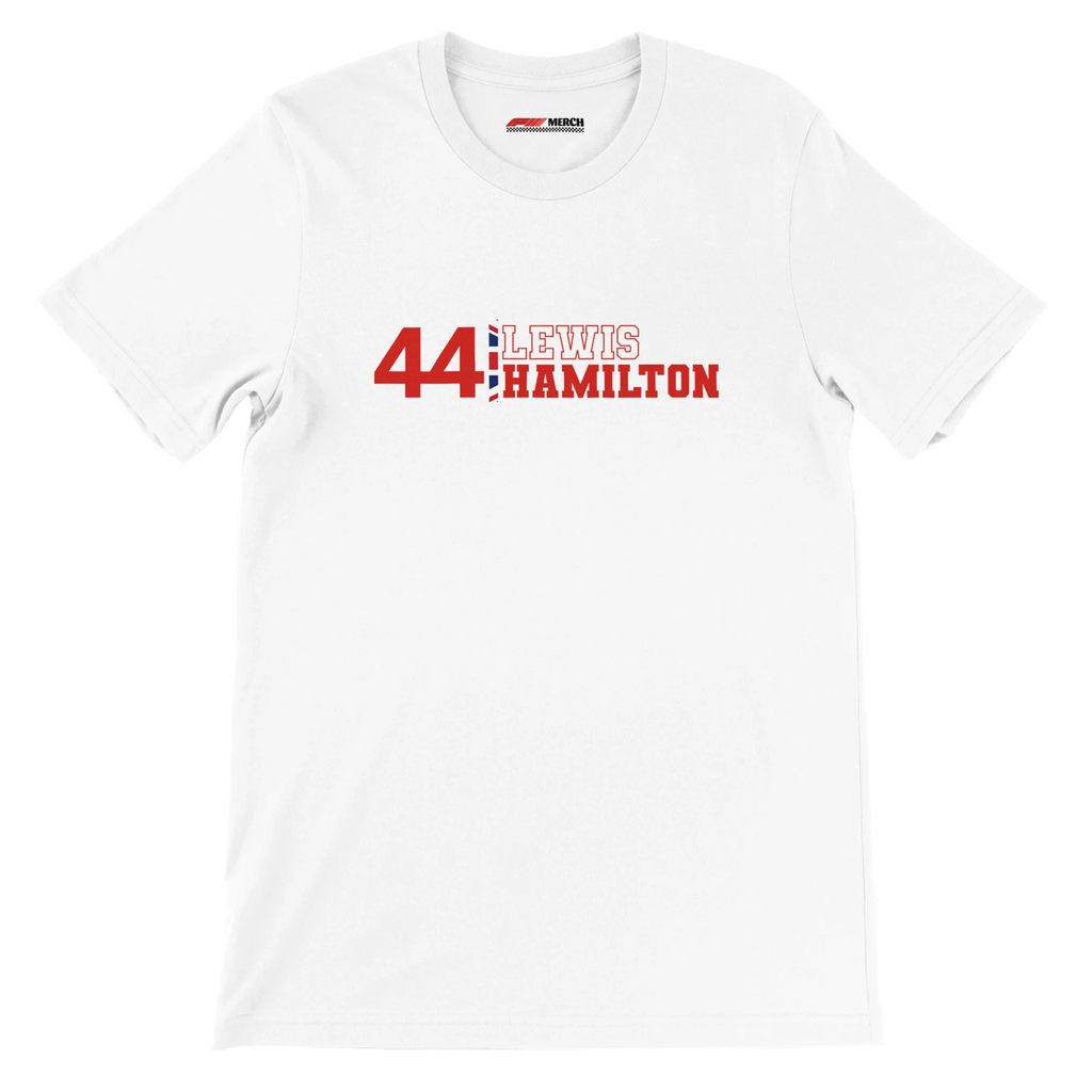 f111 merch white color t-shirt1 with lewis-hamilton branding.