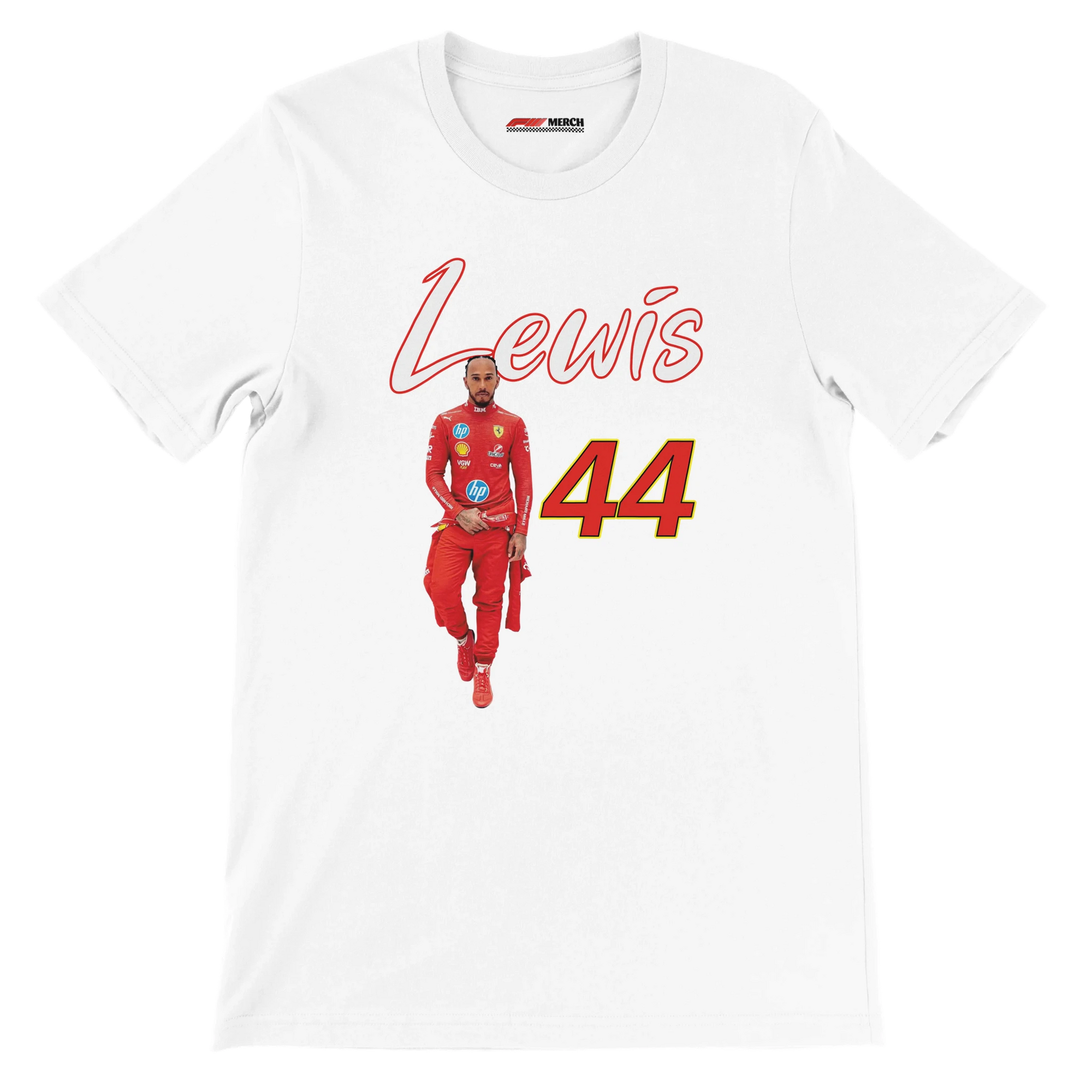 f111 merch white color t-shirt1 with lewis-hamilton branding.