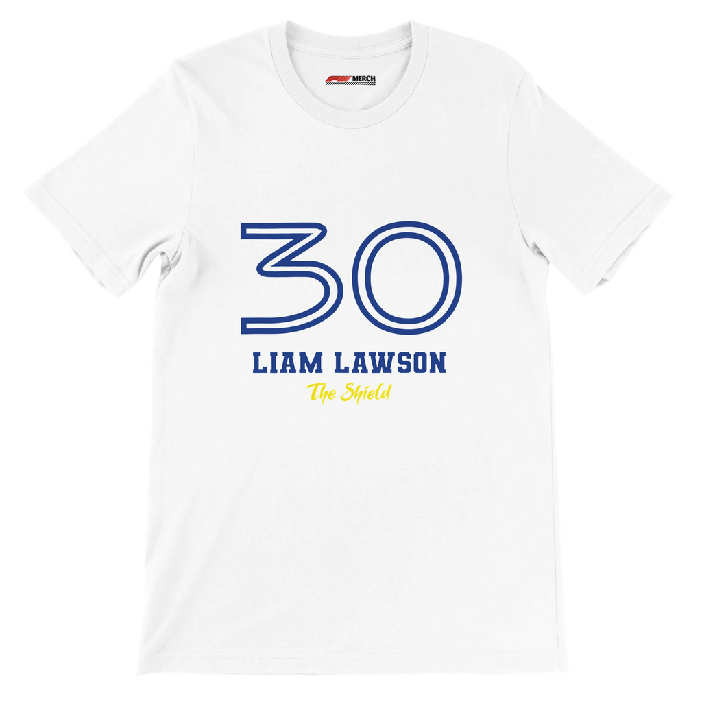 f111 merch white color t-shirt1 with liam-lawson branding.