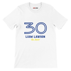 f111 merch white color t-shirt1 with liam-lawson branding.
