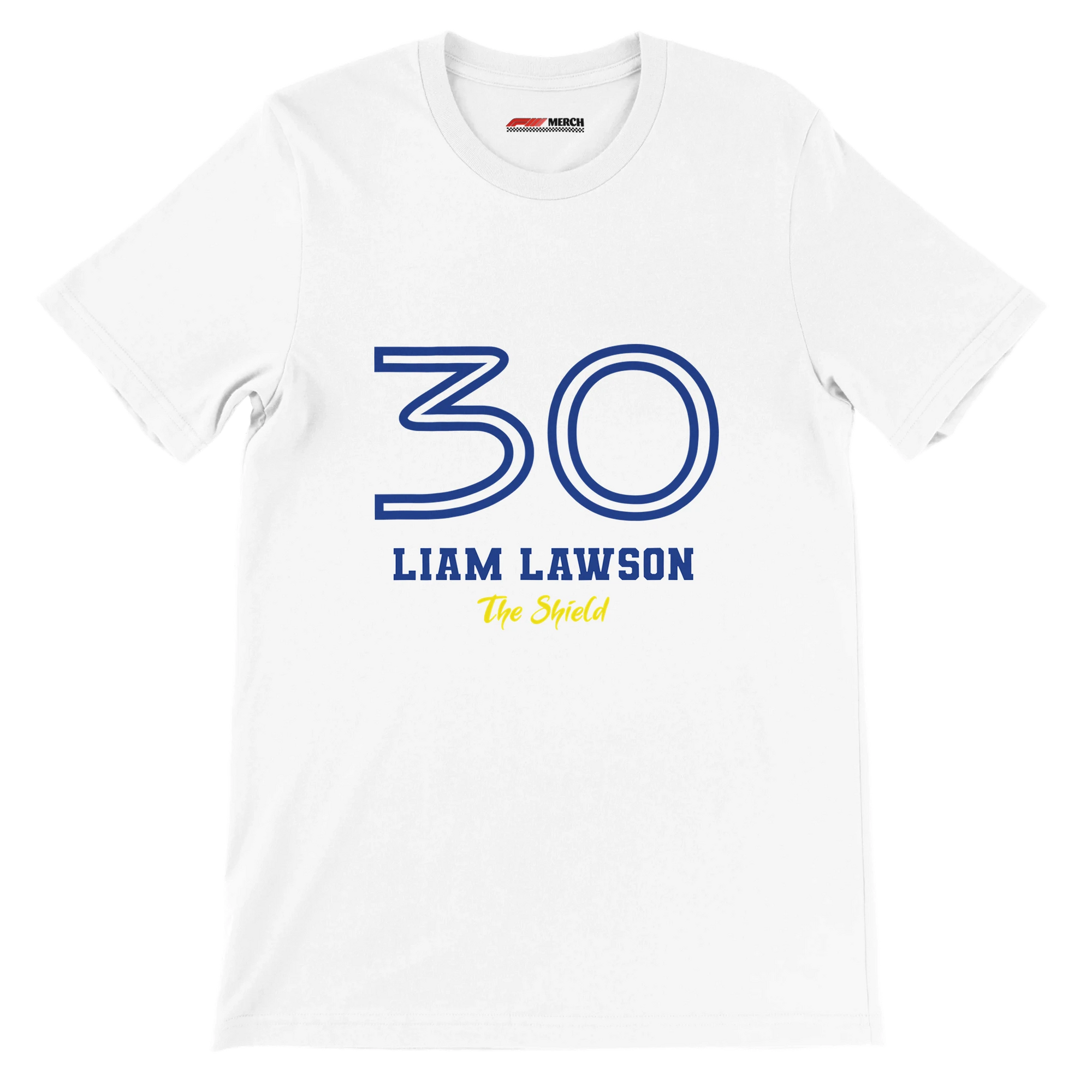 f111 merch white color t-shirt1 with liam-lawson branding.
