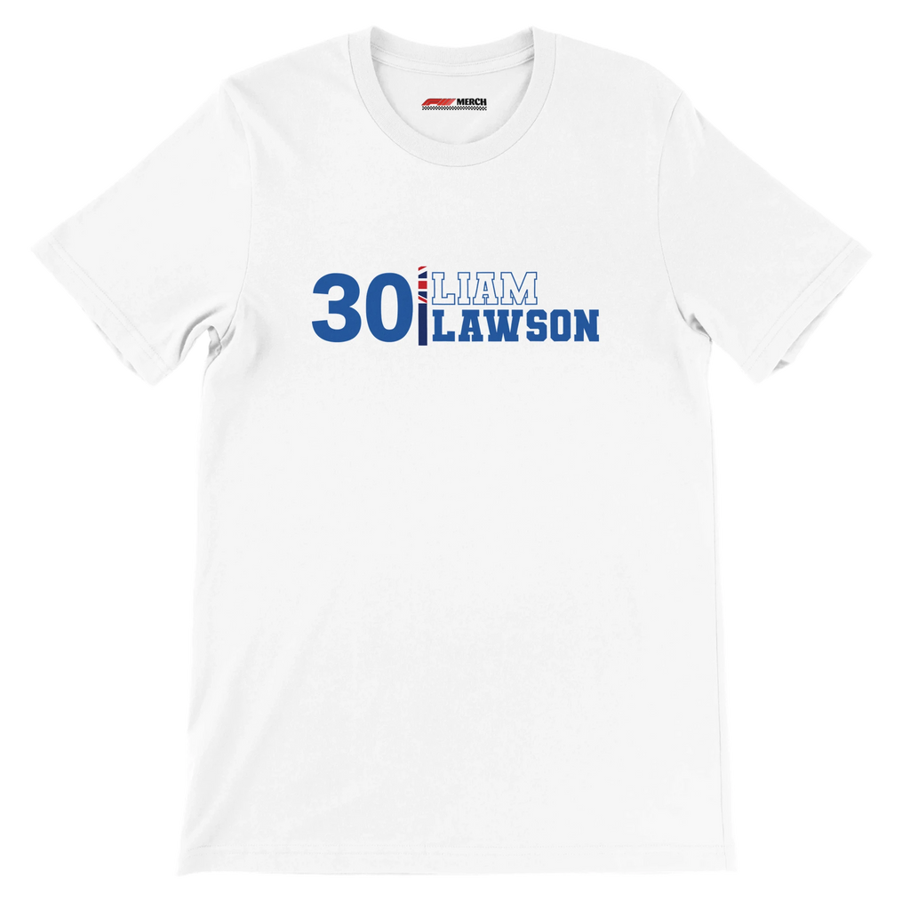 f111 merch white color t-shirt1 with liam-lawson branding.