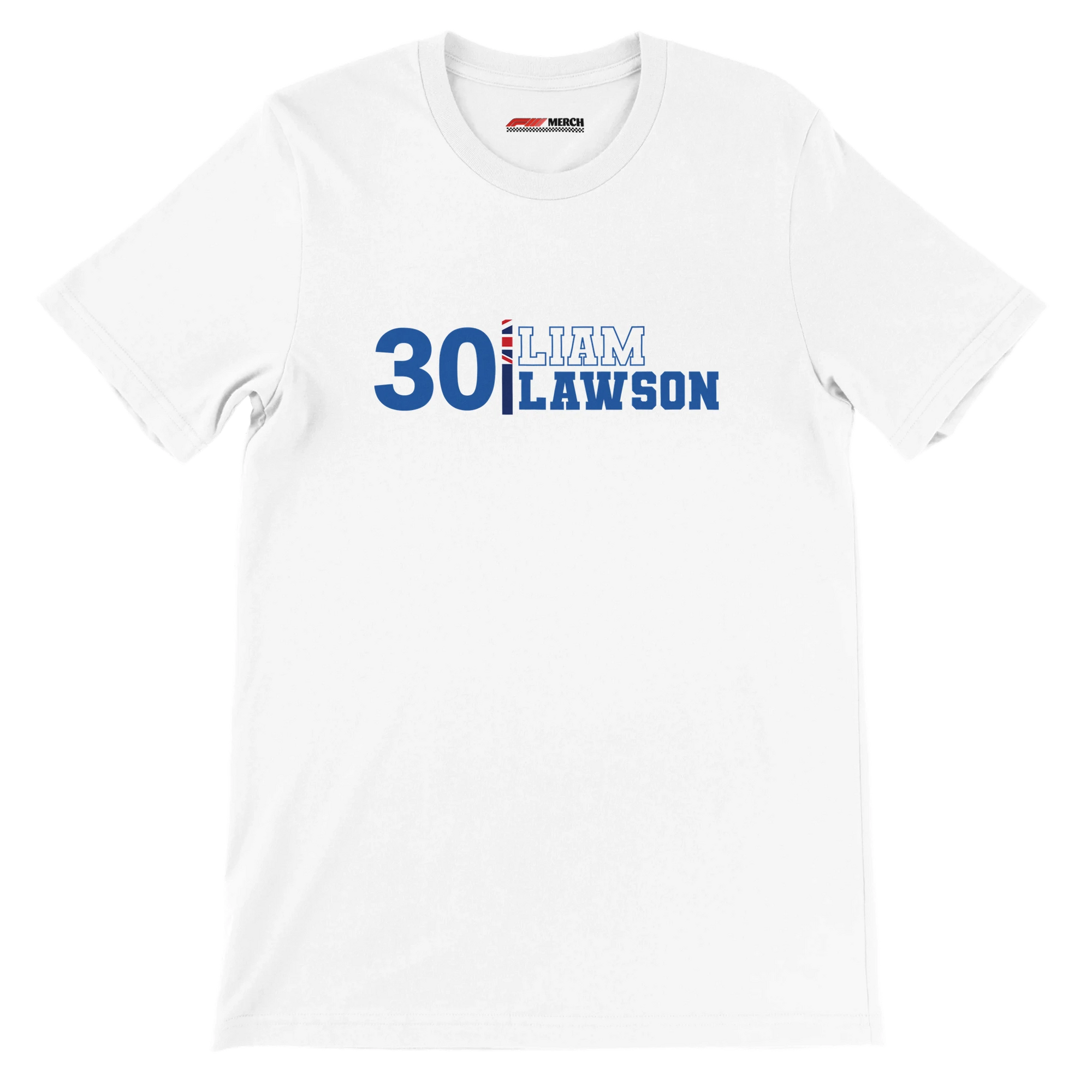 f111 merch white color t-shirt1 with liam-lawson branding.
